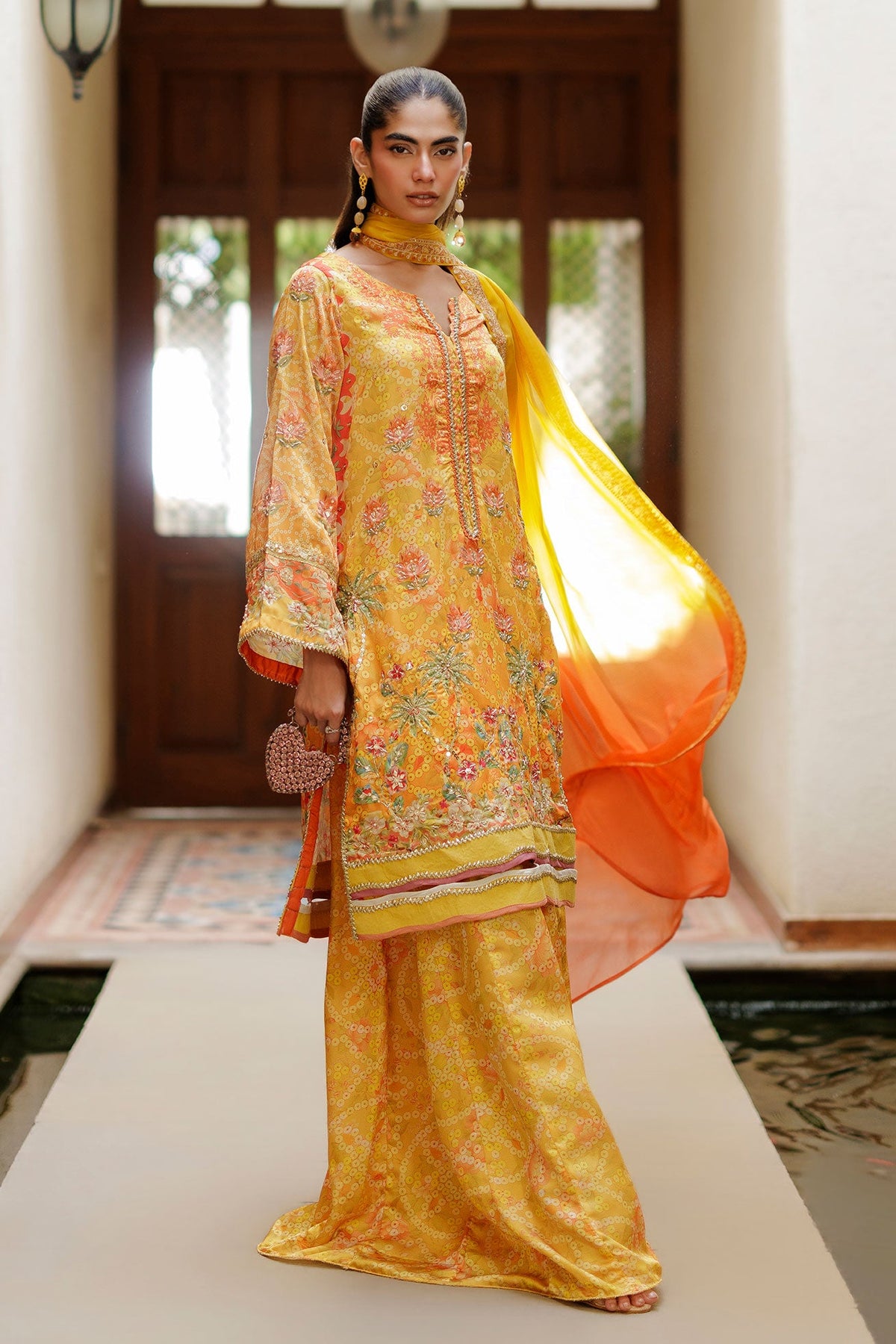 SS26DA-2939 YELLOW -SILK TUNIC- 2PCS HAND EMBELLISHED  SHIRT WITH TROUSER
