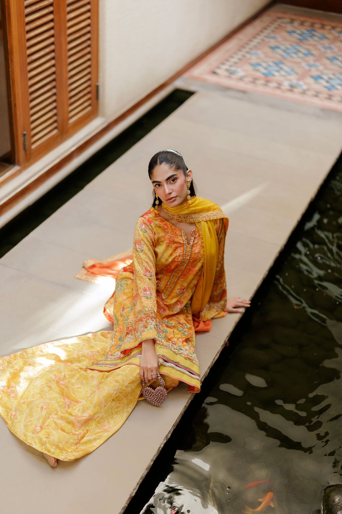 SS26DA-2939 YELLOW -SILK TUNIC- 2PCS HAND EMBELLISHED  SHIRT WITH TROUSER