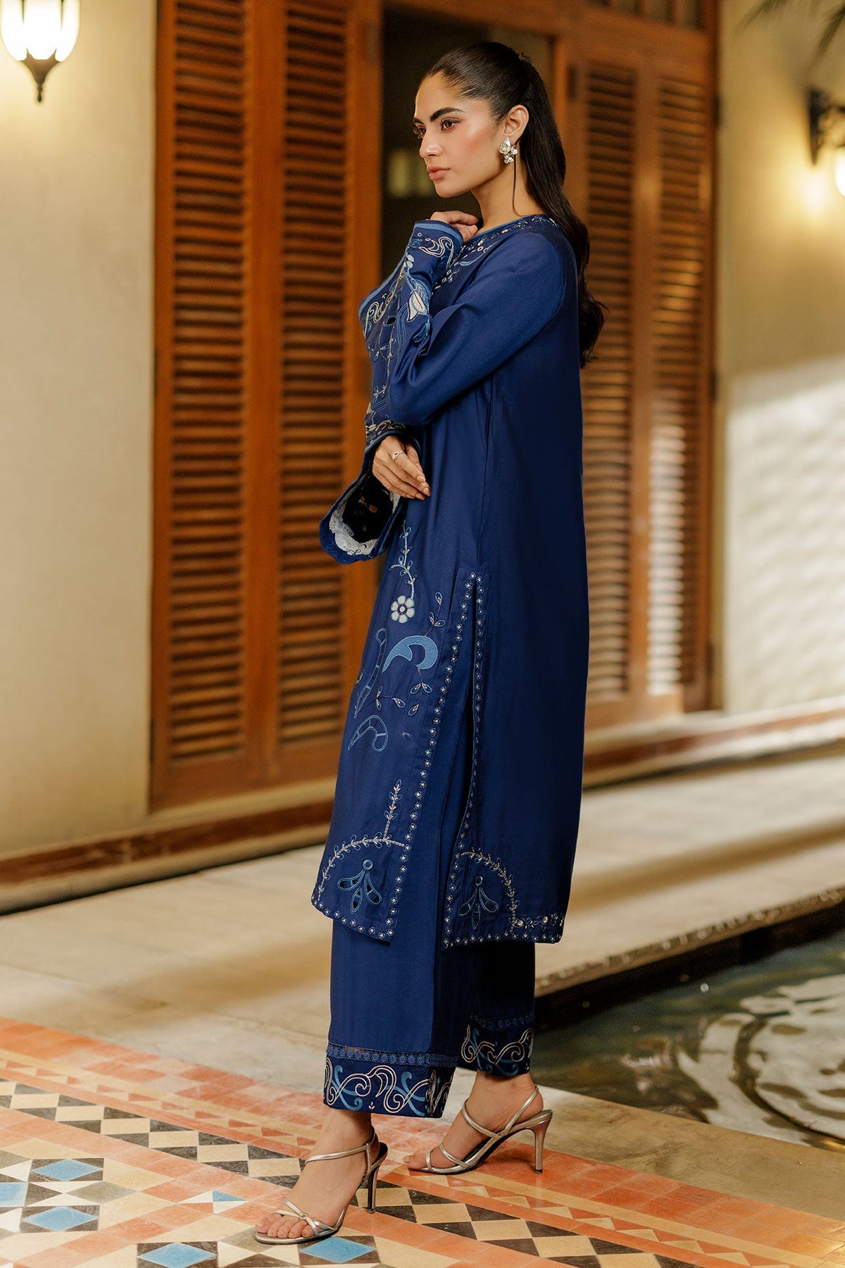 SS26DA-2944 BLUE 2PCS  EMBROIDERED KURTA WITH TROUSER