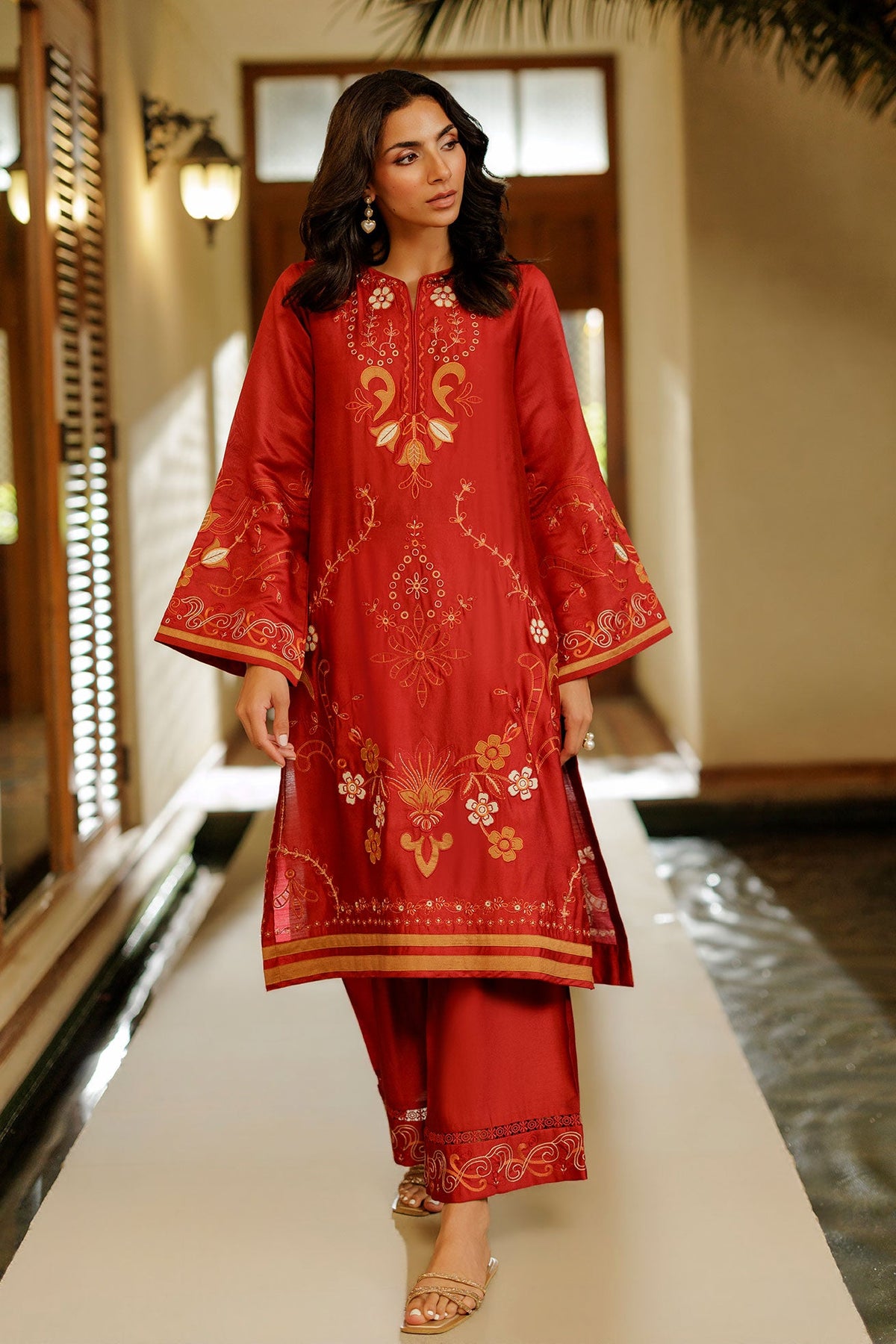 SS26DA-2945 RED 2PCS  EMBROIDERED KURTA WITH TROUSER