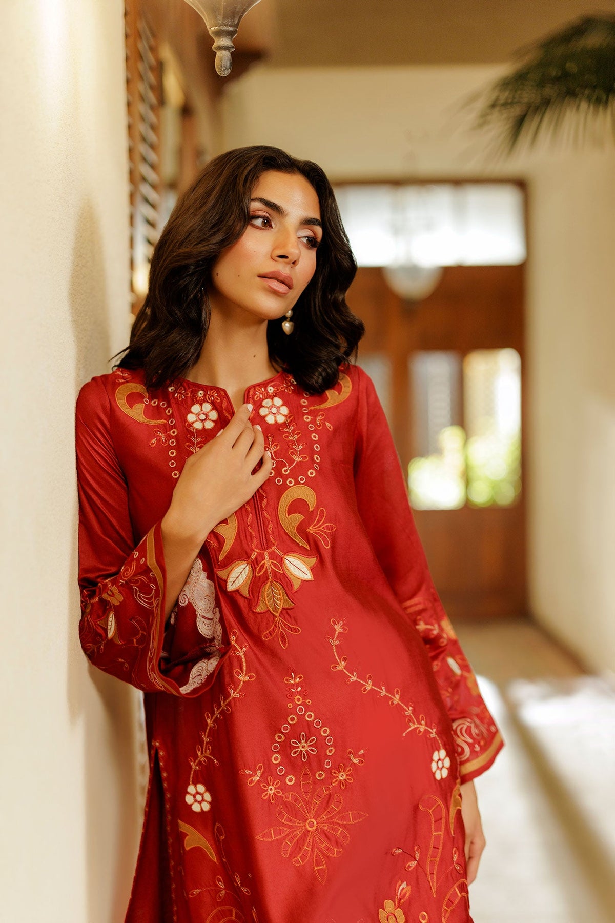 SS26DA-2945 RED 2PCS  EMBROIDERED KURTA WITH TROUSER