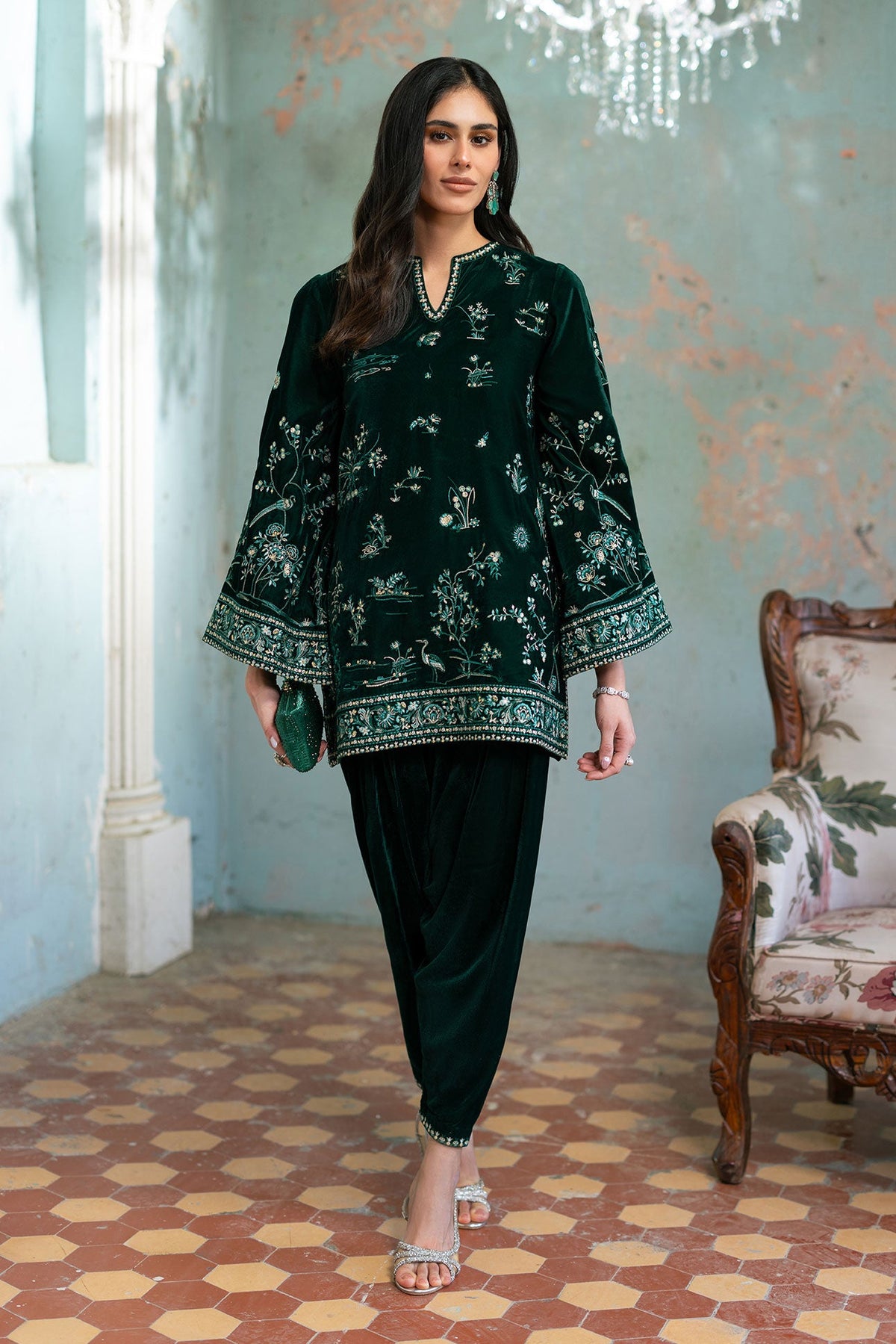 FW26DA-3023 GREEN 2PCS  EMBROIDERED KURTA WITH TROUSER