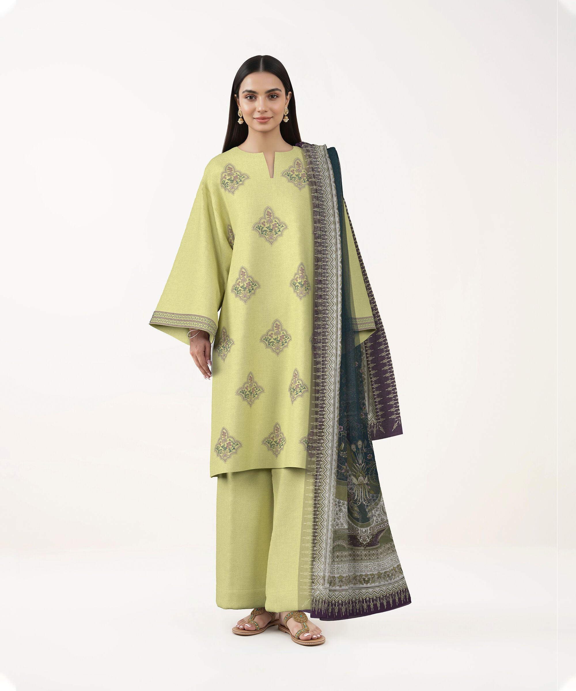 3 Piece - Dyed Embroidered Cotton Suit