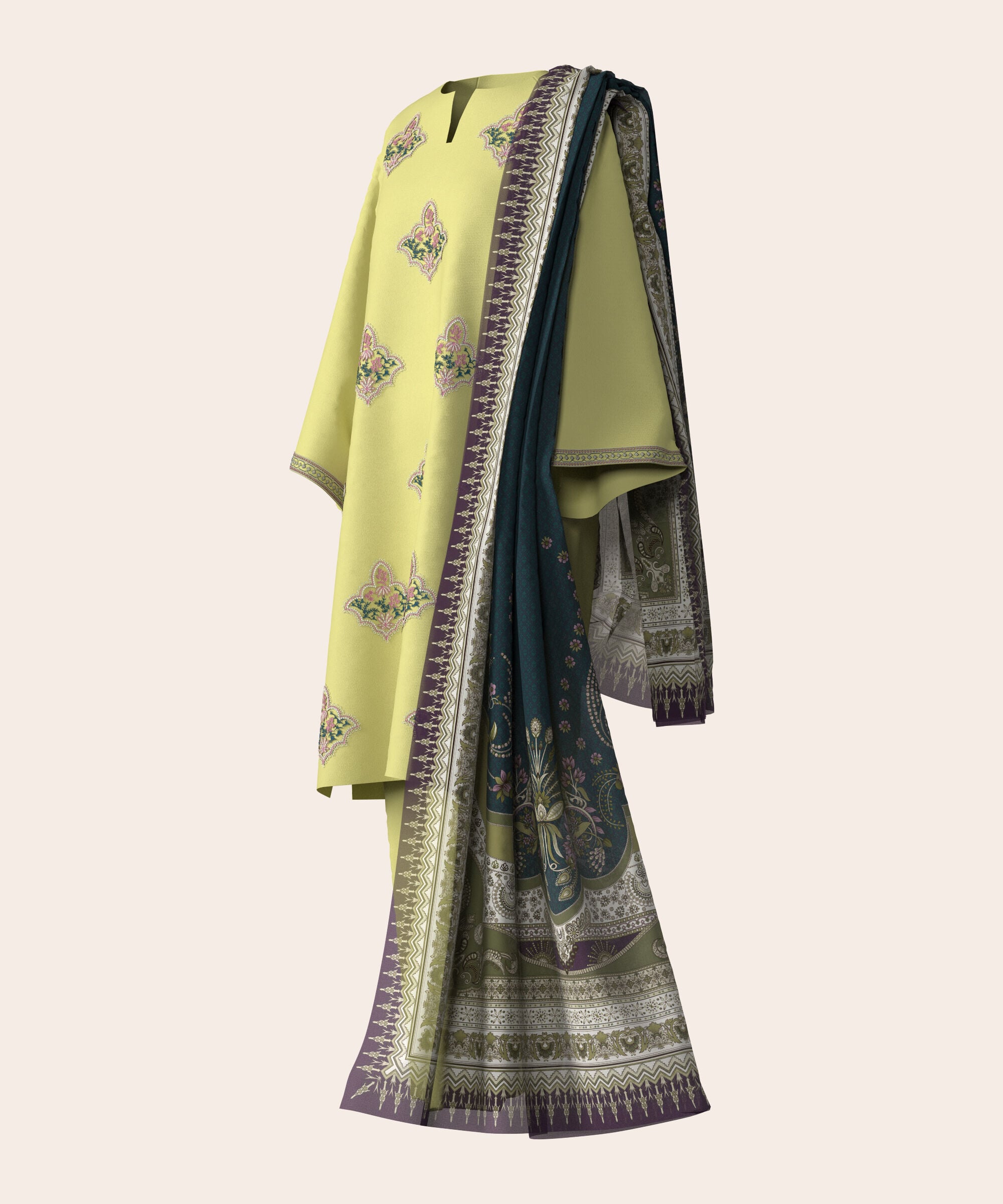 3 Piece - Dyed Embroidered Cotton Suit