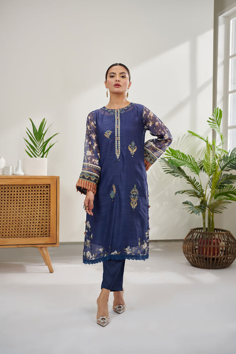 DC-0383 NAVY BLUE 2PCS  EMBROIDERED KURTA WITH TROUSER