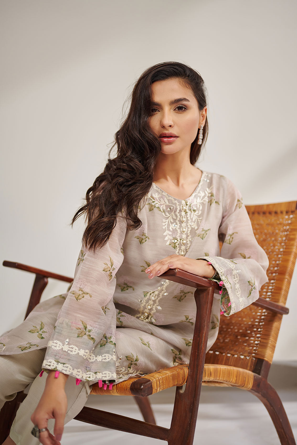 Dc-0390 Beige 2Pcs Embroidered Kurta With Trouser