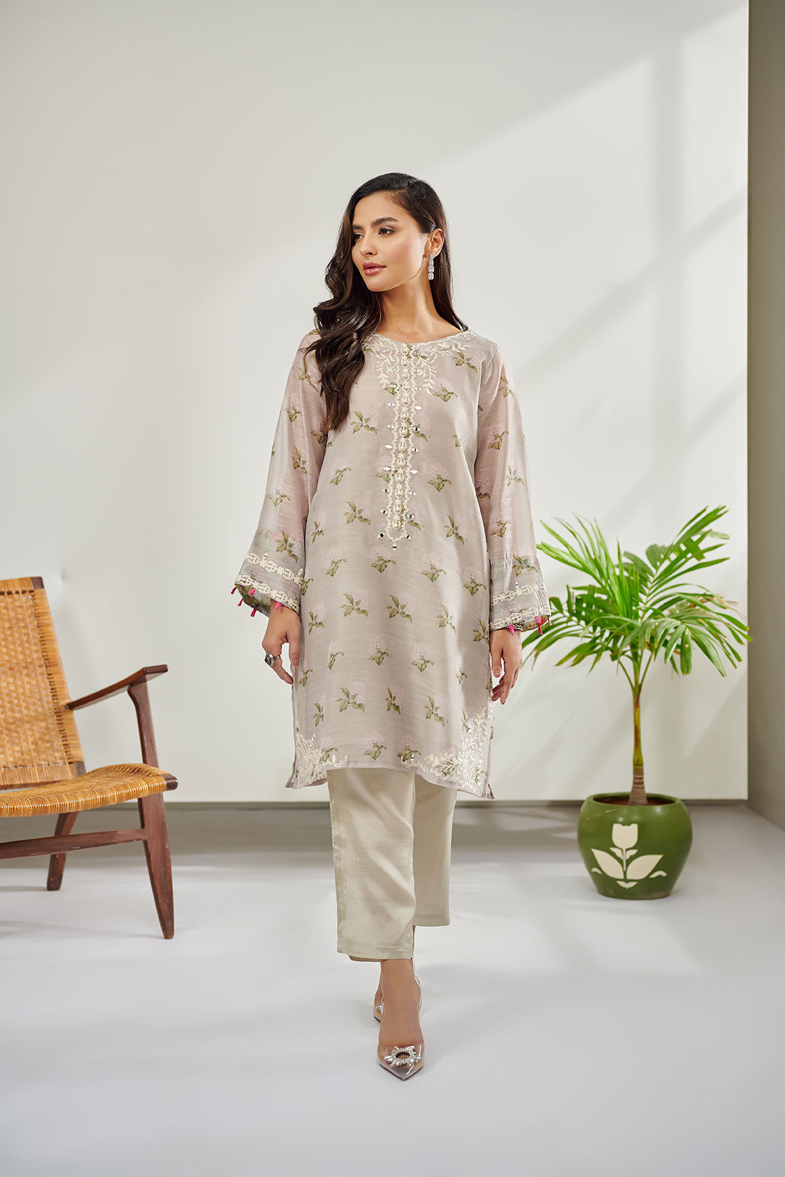 Dc-0390 Beige 2Pcs Embroidered Kurta With Trouser