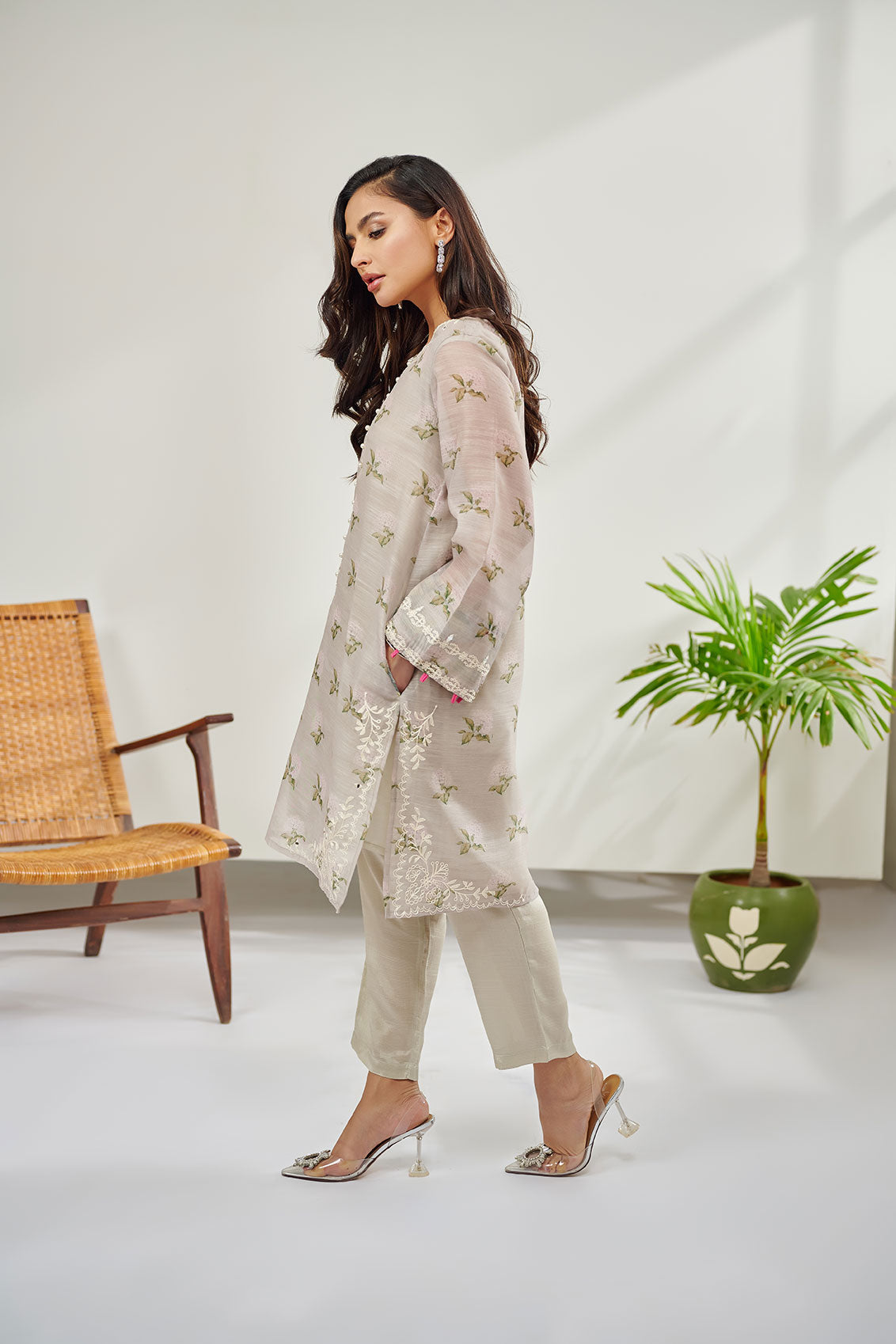Dc-0390 Beige 2Pcs Embroidered Kurta With Trouser