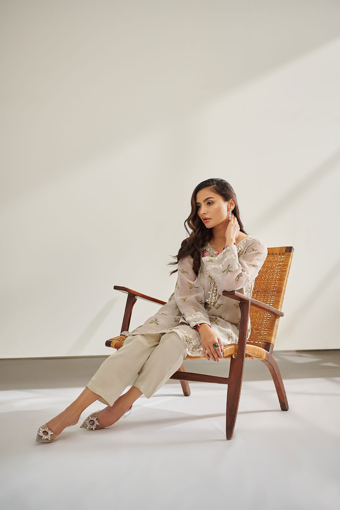Dc-0390 Beige 2Pcs Embroidered Kurta With Trouser