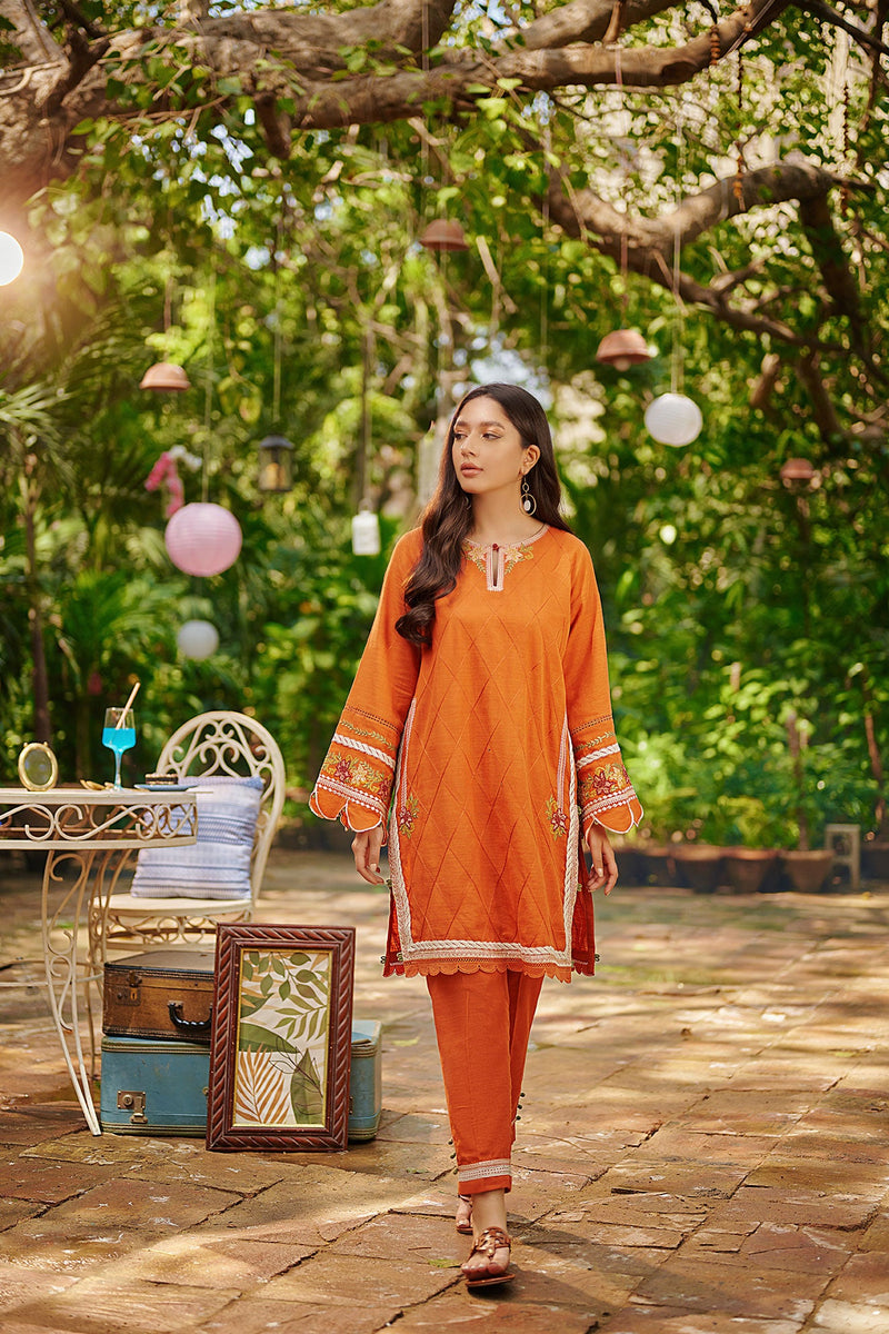 DC-2023 ORANGE 2PCS EMBROIDERED KURTA WITH TROUSER