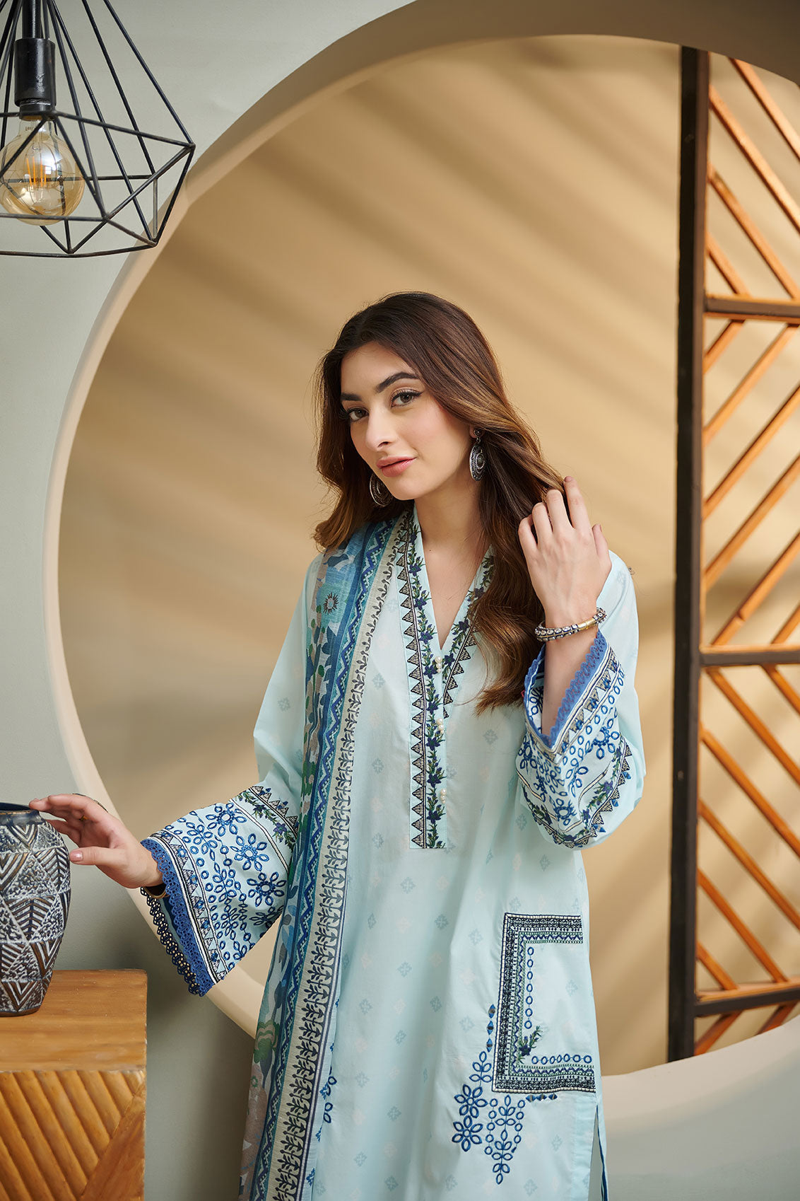 Dc-2030 Sky Blue 2Pcs Embroidered Kurta With Dupatta