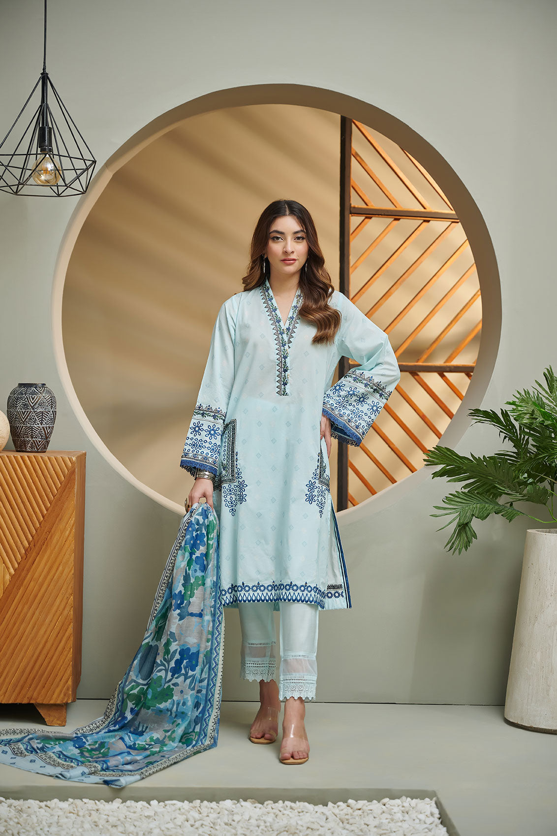 Dc-2030 Sky Blue 2Pcs Embroidered Kurta With Dupatta