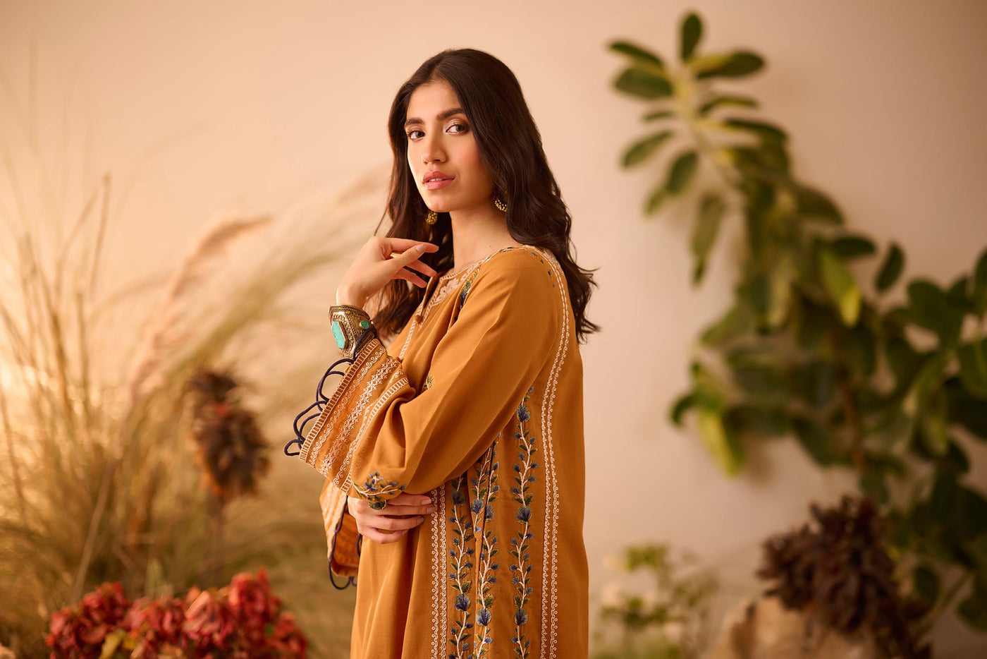 DC-2120 MUSTARD KHADDAR 2PCS EMBROIDERED KURTA WITH TROUSER