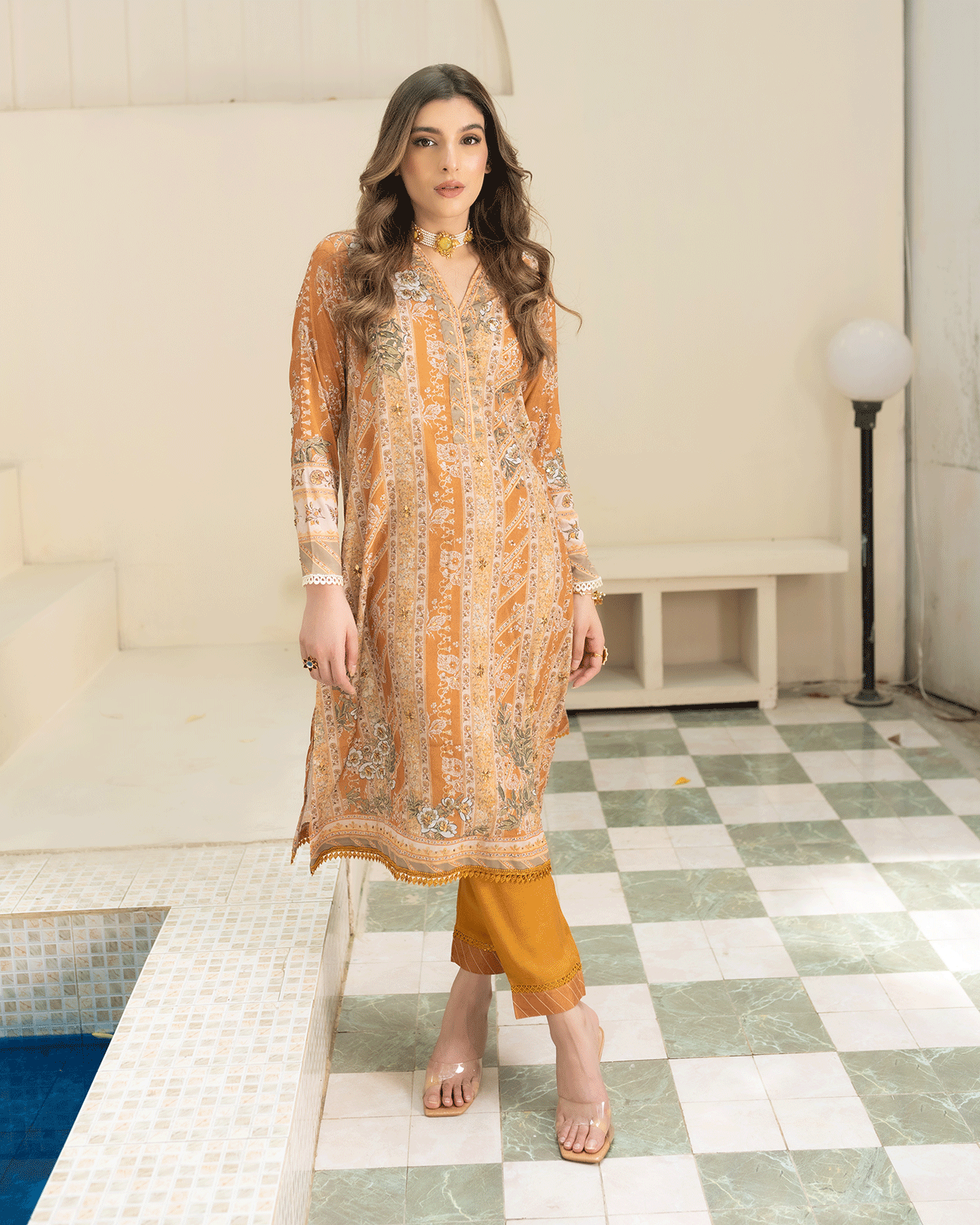 Dc-2242 Mustard 2Pcs Hand Embellished Shirt With Trouser