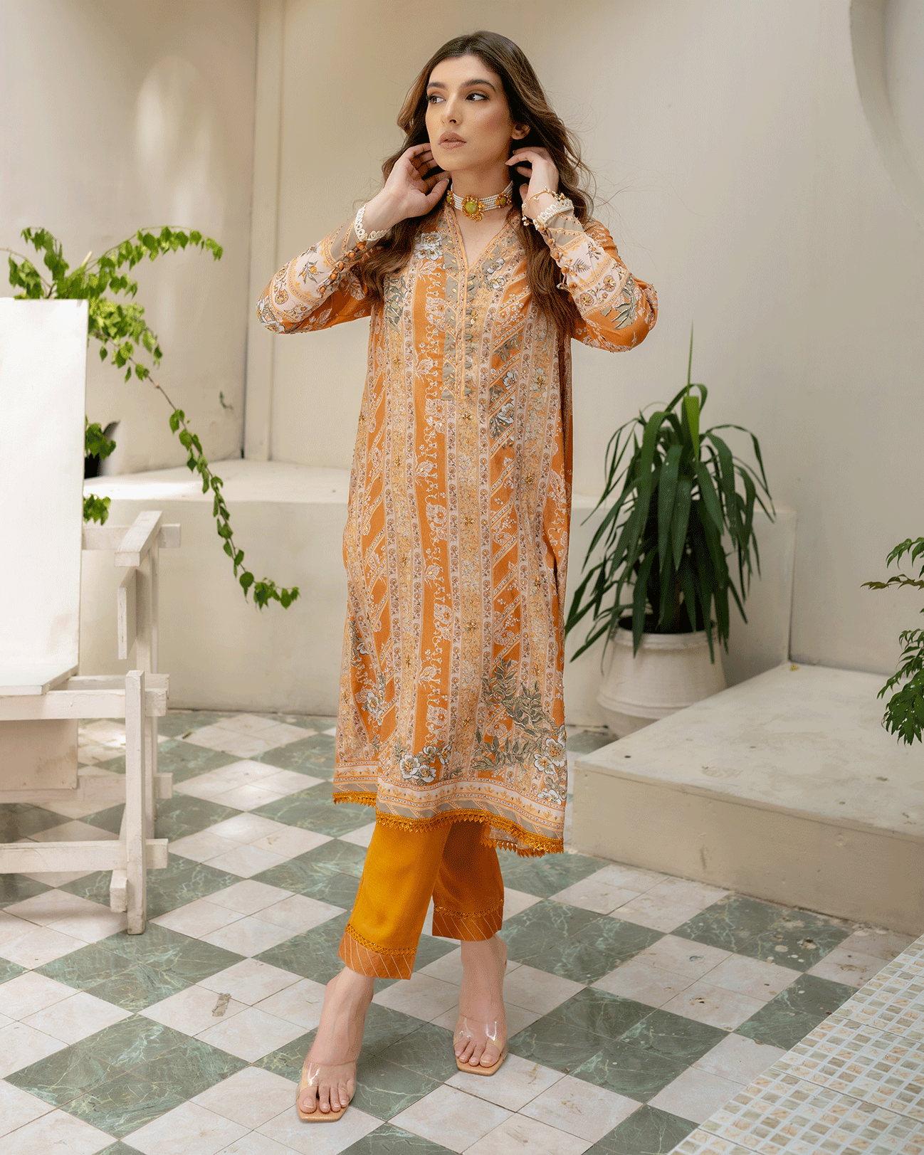Dc-2242 Mustard 2Pcs Hand Embellished Shirt With Trouser