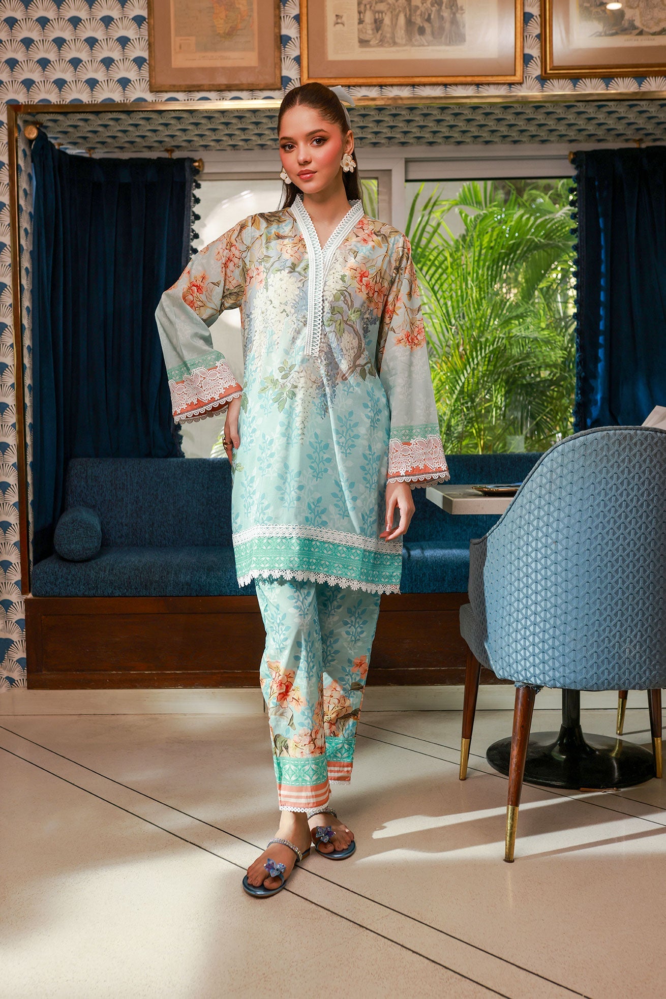 Ss24Dc-2523 Sky Blue Lawn 2Pcs Printed Kurta With Trouser