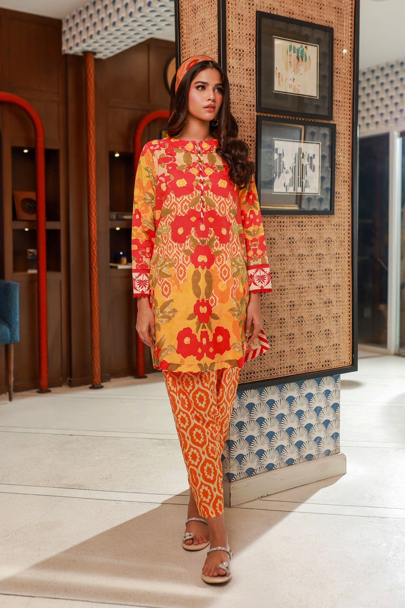 SS24DC-2526 ORANGE LAWN 2PCS PRINTED KURTA WITH TROUSER