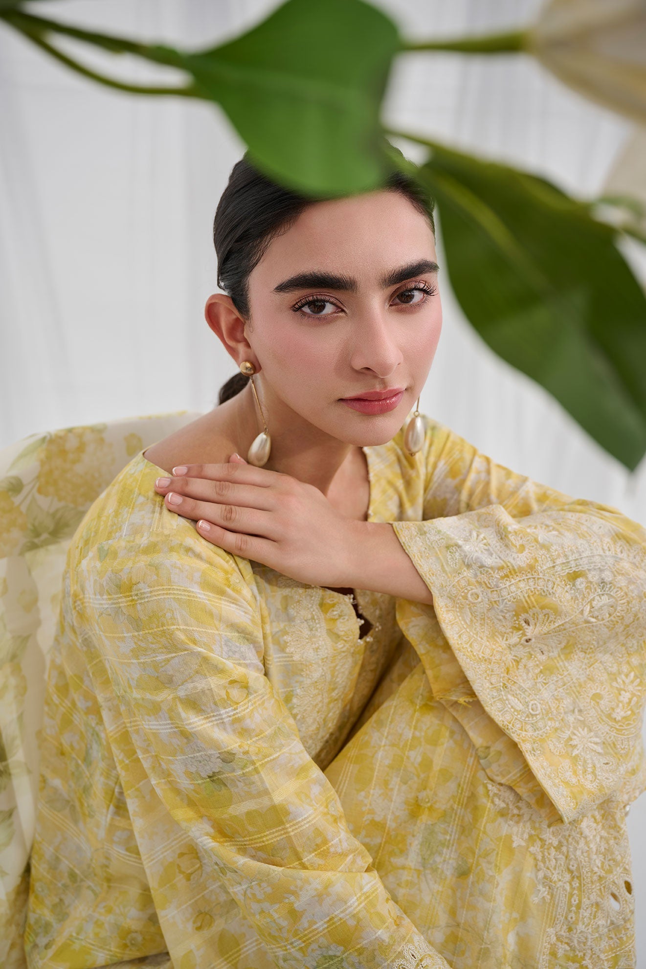 Ss25Dc-2555 Yellow Cotton Jacquard 2Pcs Embroidered Kurta With Trouser