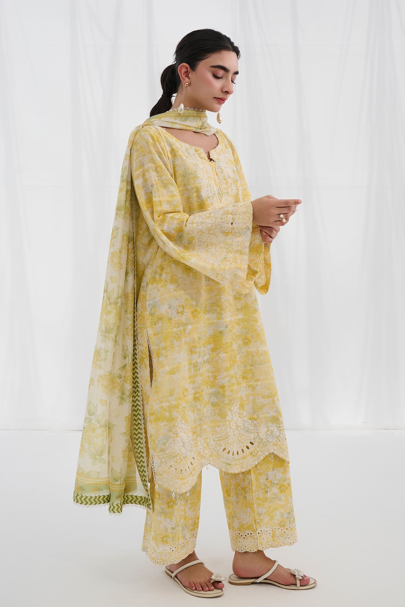 Ss25Dc-2555 Yellow Cotton Jacquard 2Pcs Embroidered Kurta With Trouser