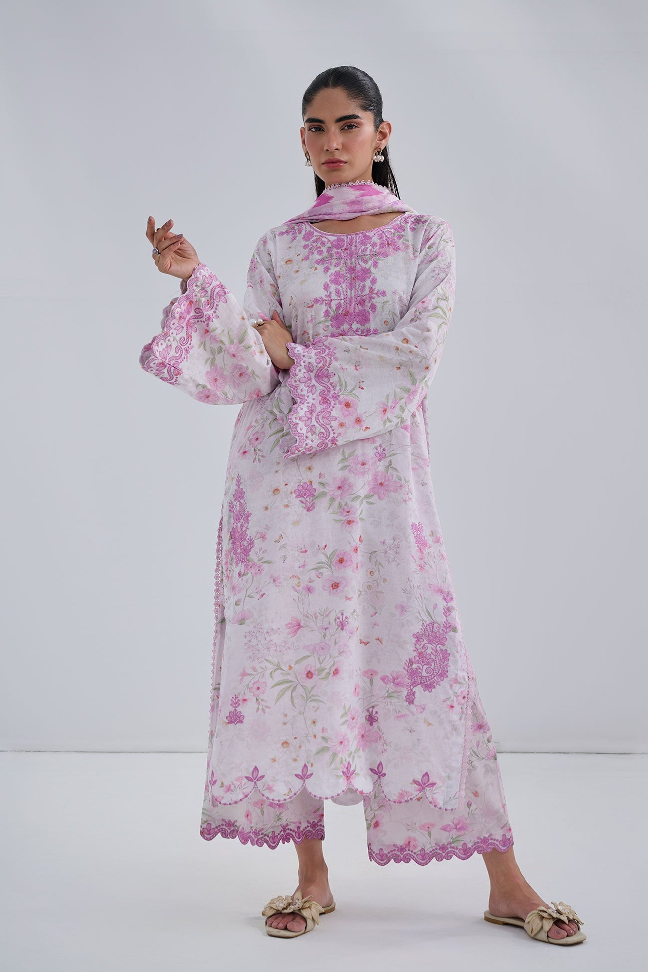 Ss25Dc-2557 Pink Cotton Jacquard 2Pcs Embroidered Kurta With Trouser