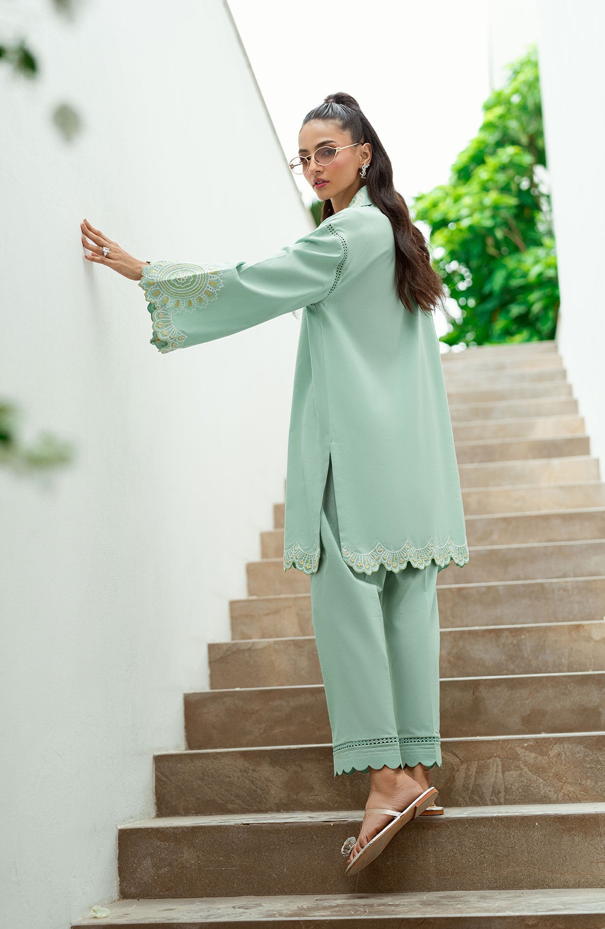 SS25DC-2569 MINT GREEN 2PCS  EMBROIDERED KURTA WITH TROUSER
