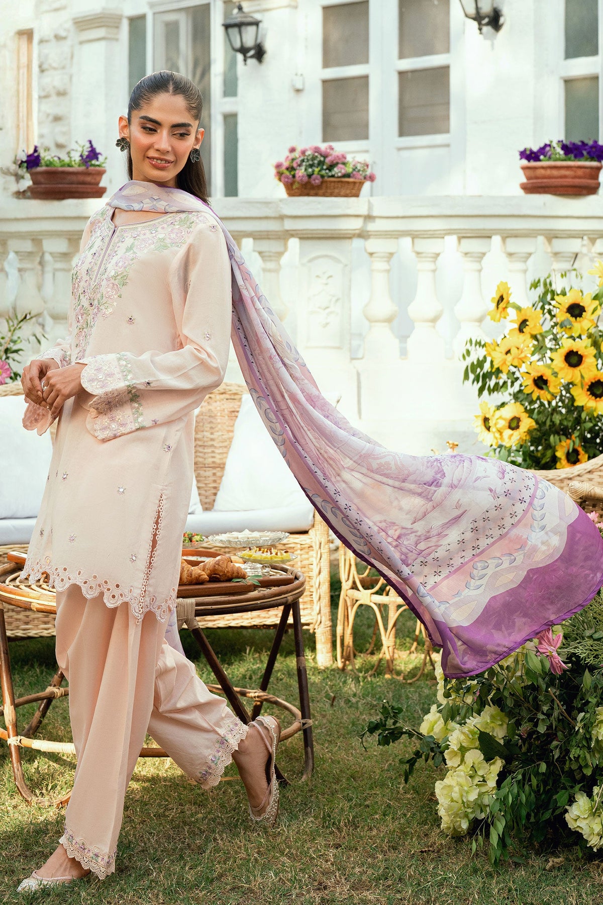 SS25DC-2576 PINK SWISS VOILE 2PCS EMBROIDERED KURTA WITH TROUSER