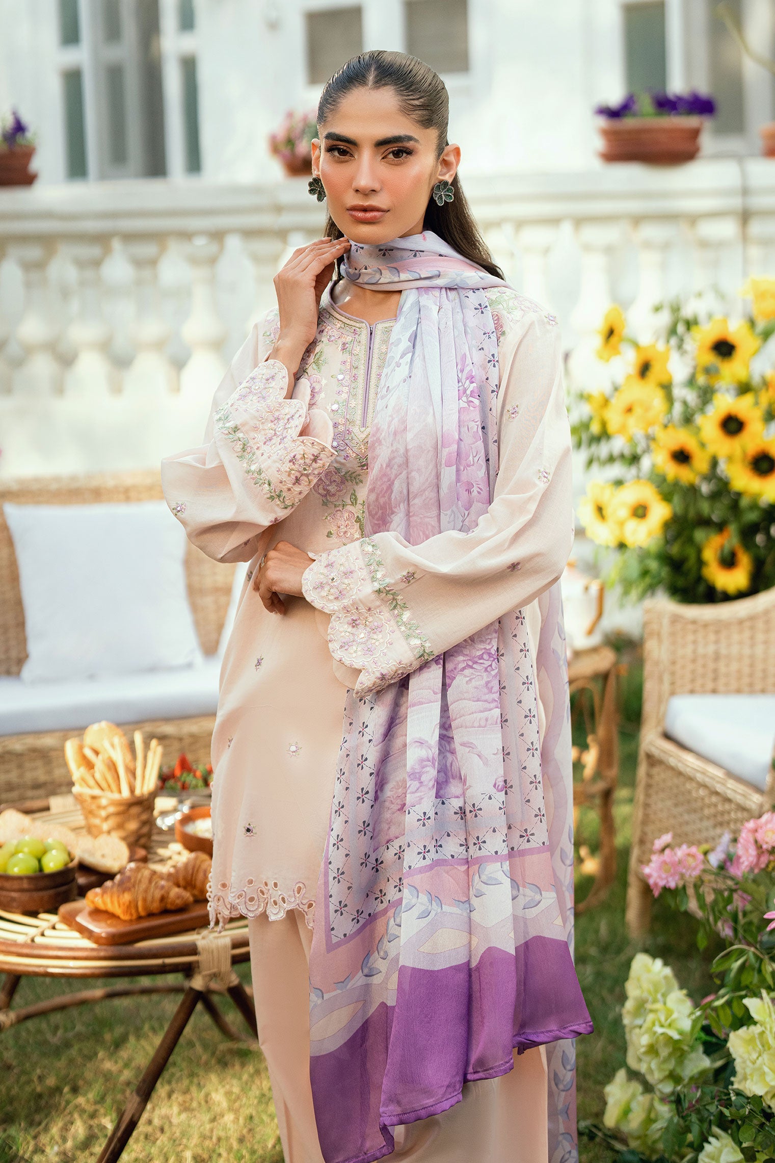 SS25DC-2576 PINK SWISS VOILE 2PCS EMBROIDERED KURTA WITH TROUSER