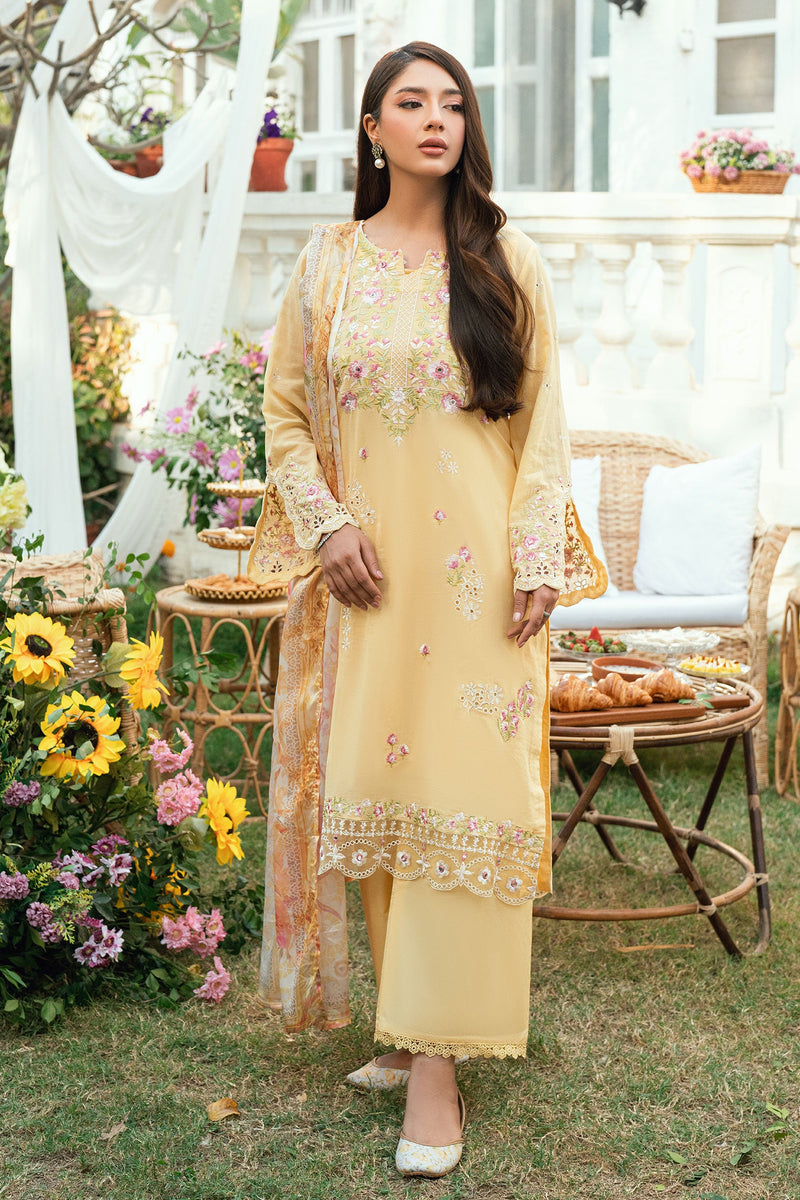 Ss25Dc-2578 Yellow Swiss Voile 2Pcs Embroidered Kurta With Trouser