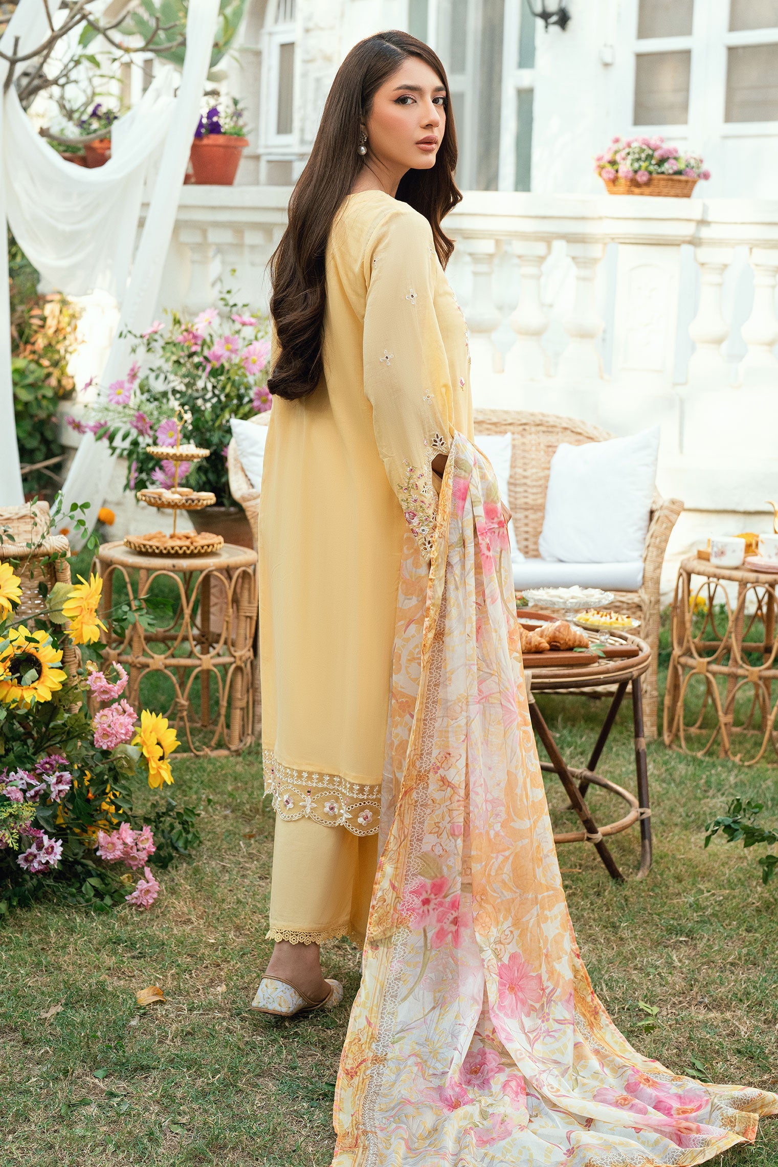 SS25DC-2578 YELLOW SWISS VOILE 2PCS EMBROIDERED KURTA WITH TROUSER