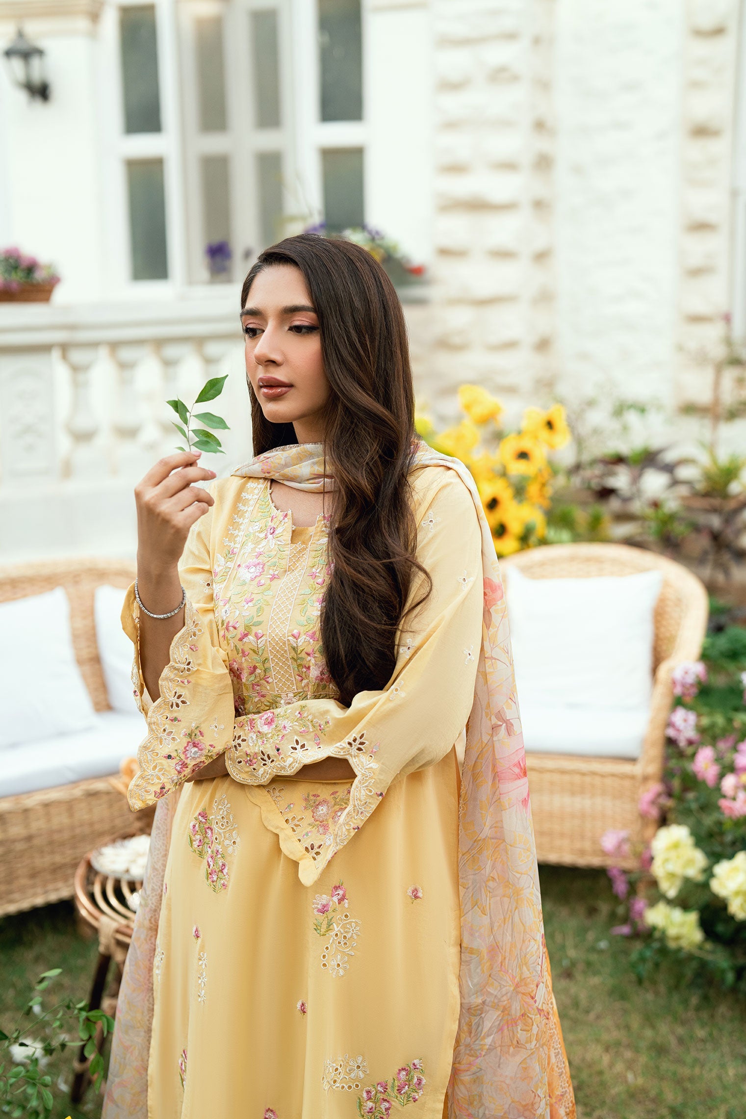 SS25DC-2578 YELLOW SWISS VOILE 2PCS EMBROIDERED KURTA WITH TROUSER