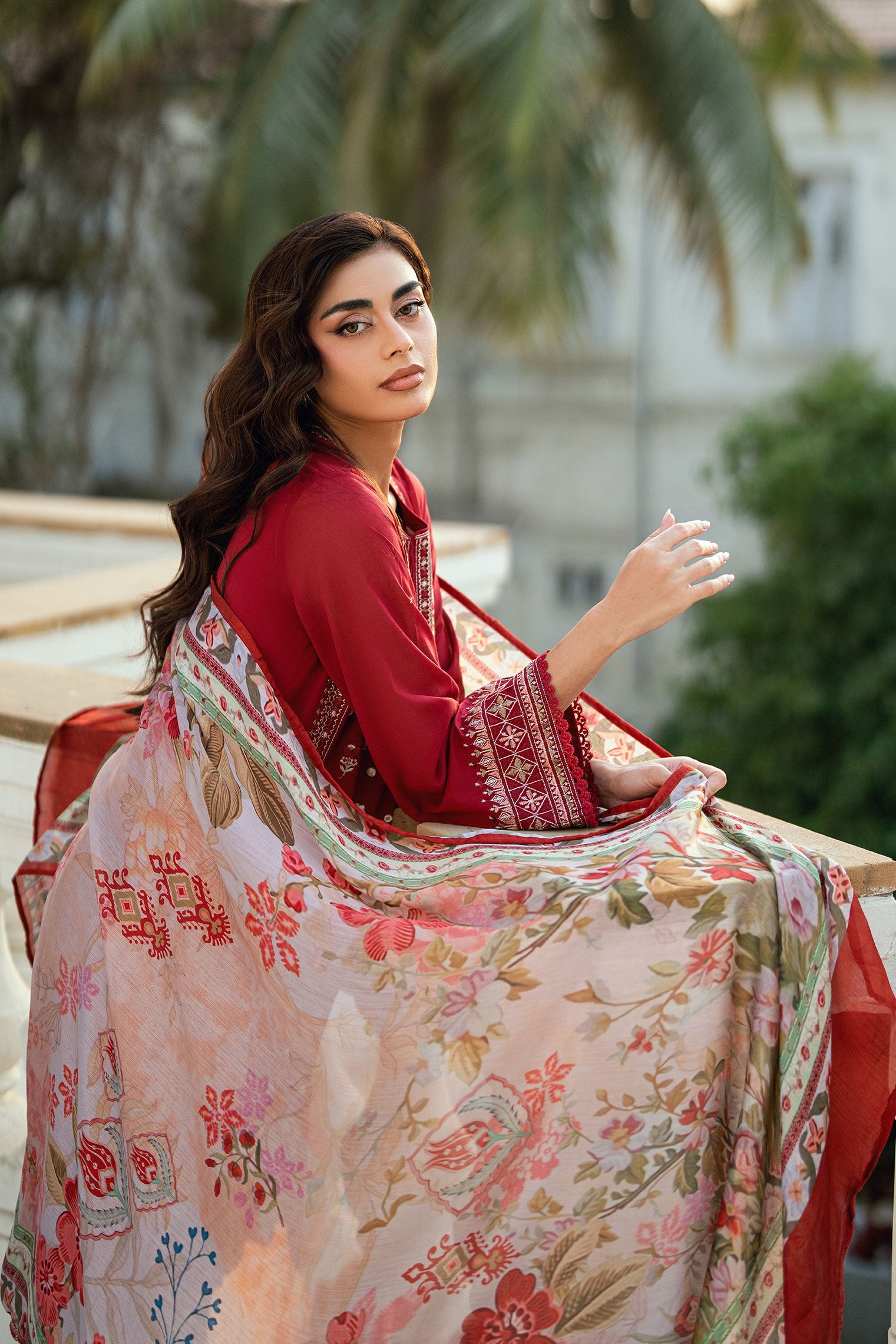 SS25DC-2579 RED SWISS VOILE 2PCS EMBROIDERED KURTA WITH TROUSER