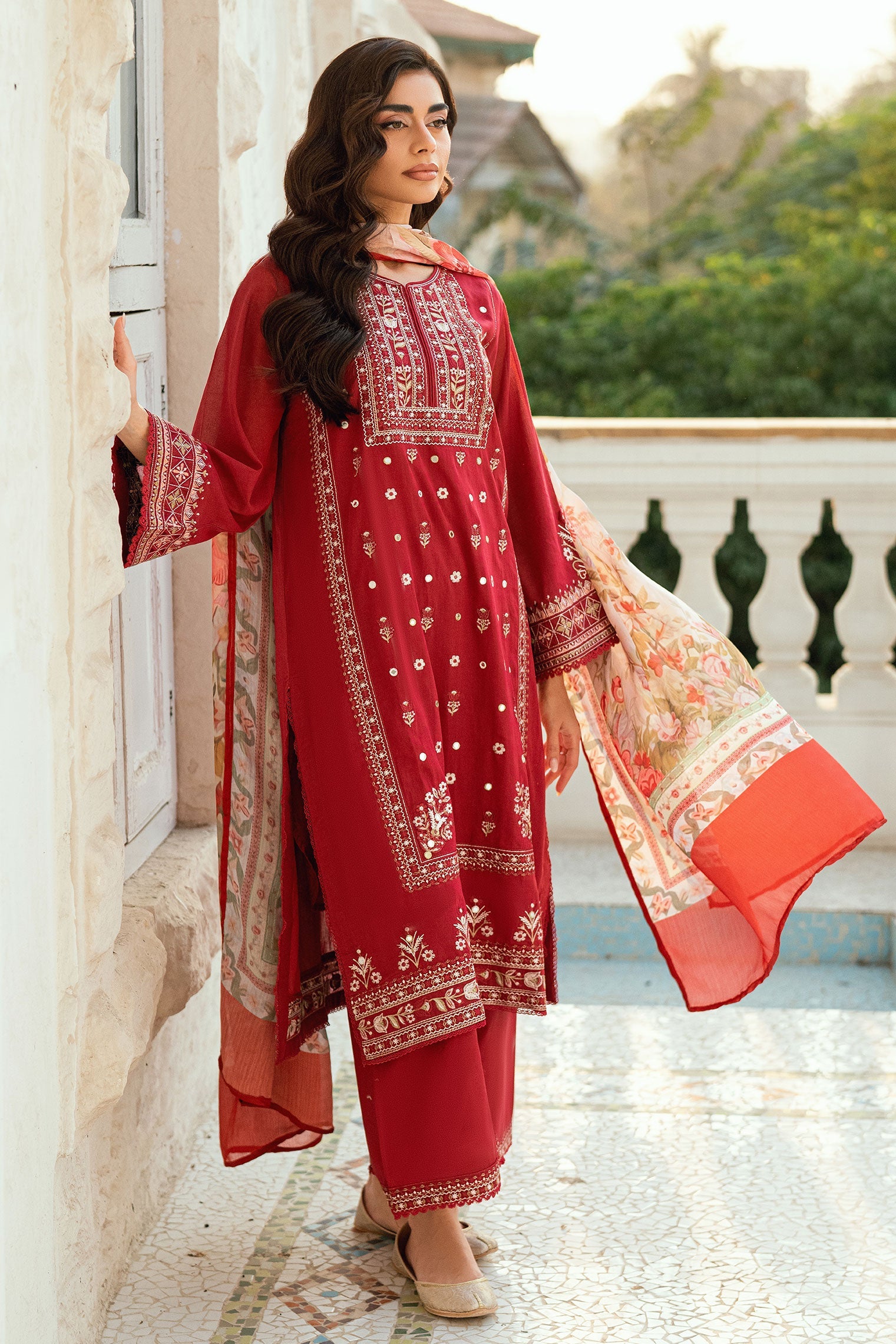SS25DC-2579 RED SWISS VOILE 2PCS EMBROIDERED KURTA WITH TROUSER