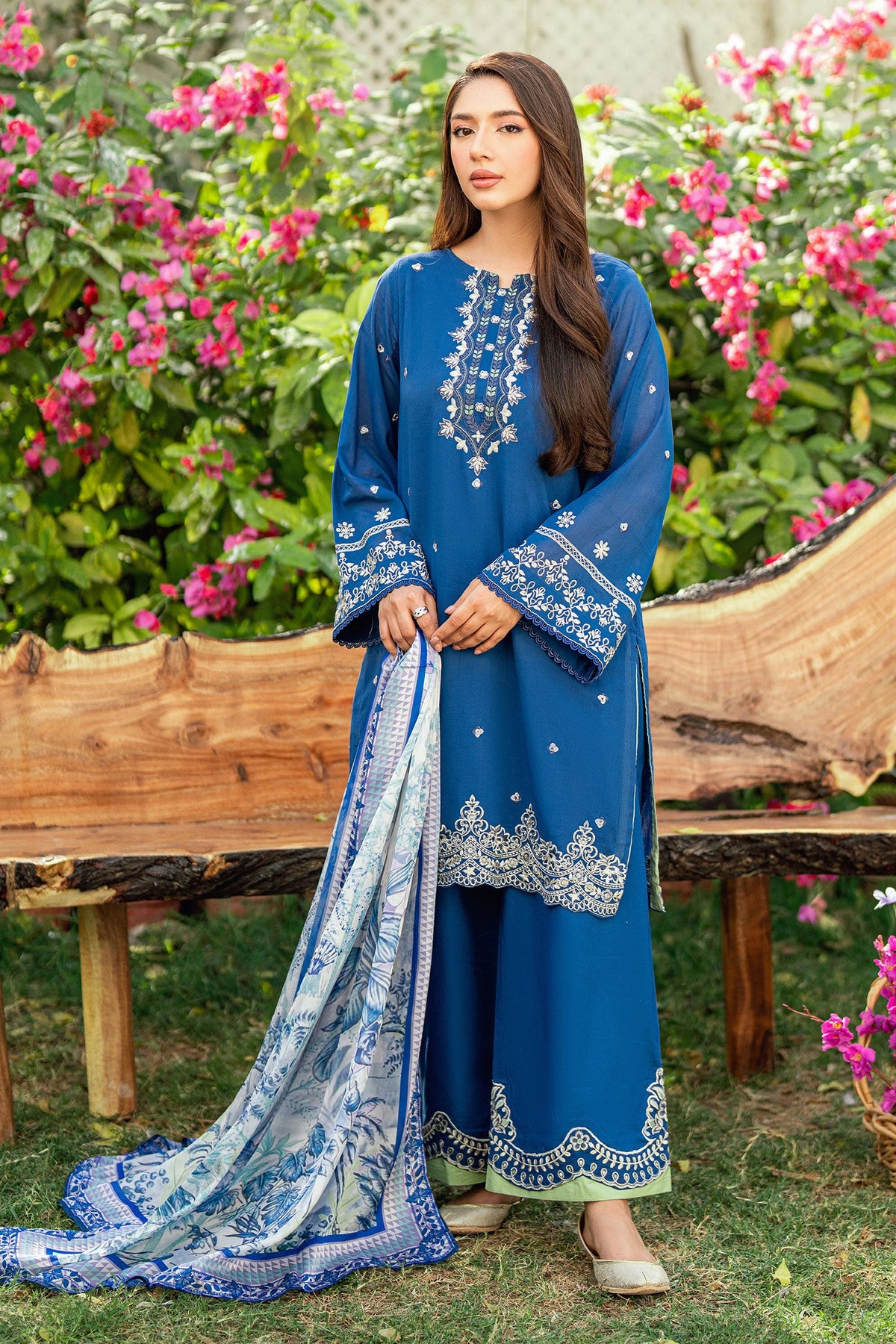SS25DC-2580 NAVY BLUE SWISS VOILE 2PCS EMBROIDERED KURTA WITH TROUSER
