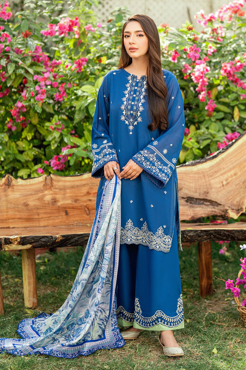 SS25DC-2580 NAVY BLUE SWISS VOILE 2PCS EMBROIDERED KURTA WITH TROUSER
