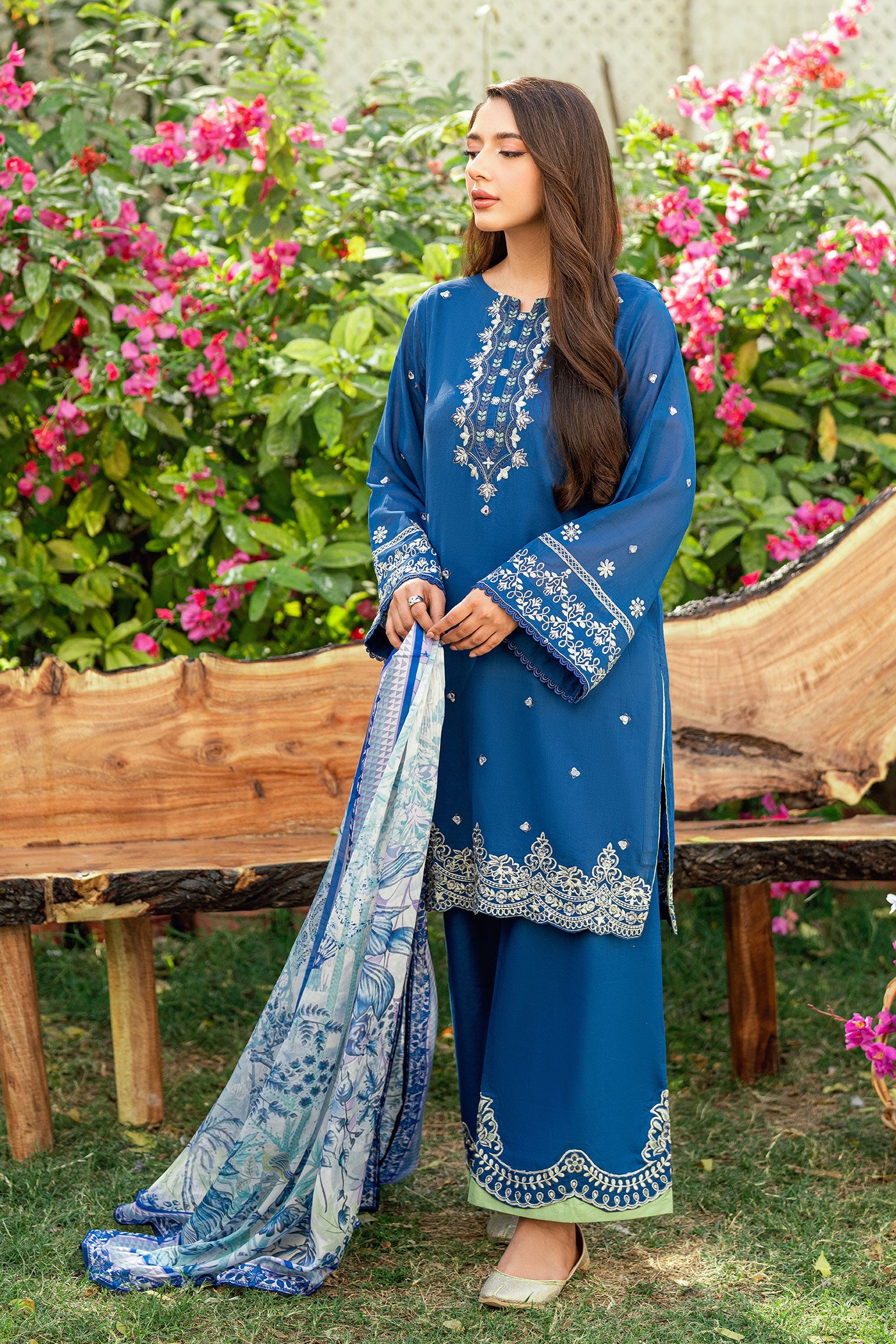 SS25DC-2580 NAVY BLUE SWISS VOILE 2PCS EMBROIDERED KURTA WITH TROUSER