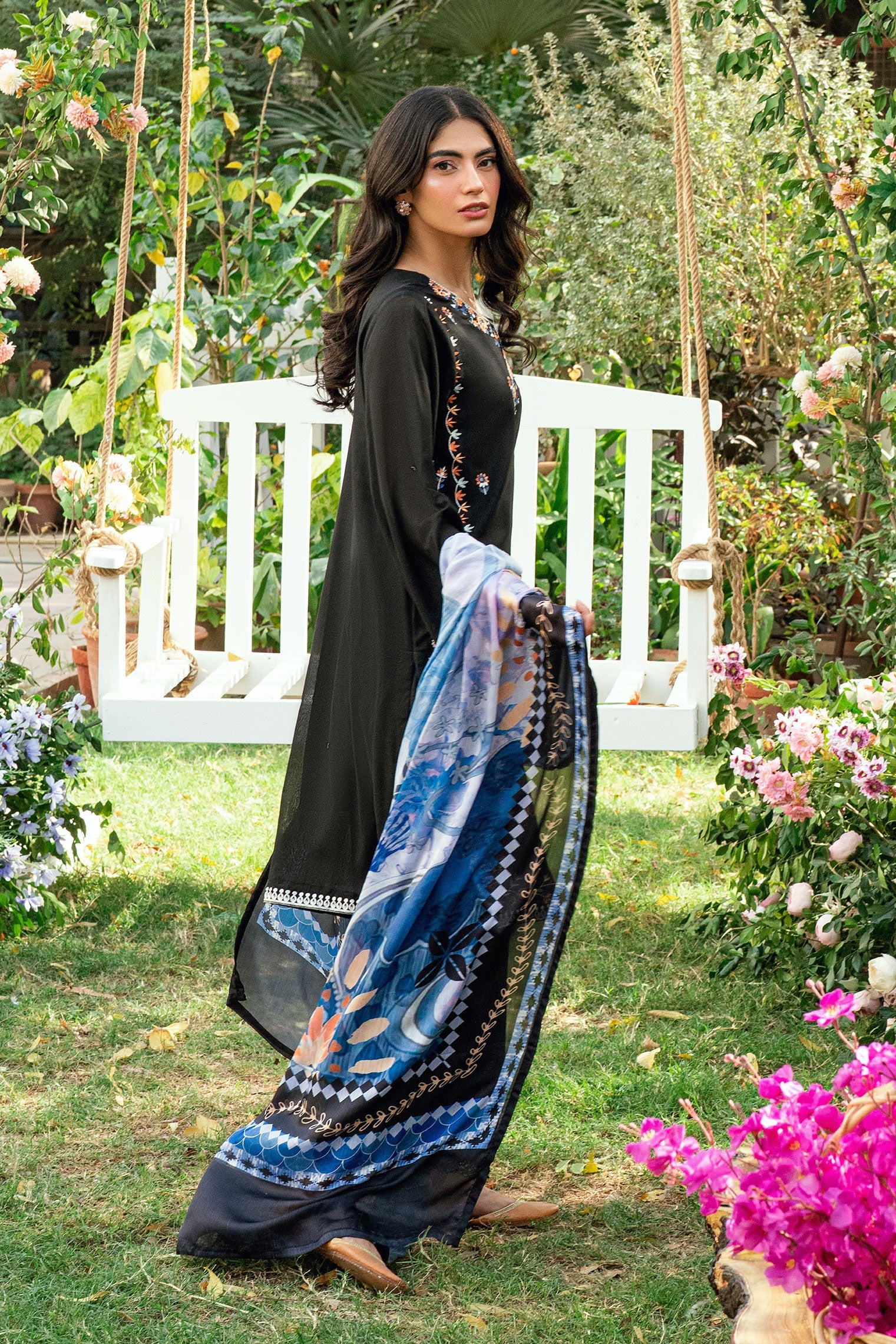 SS25DC-2581 BLACK SWISS VOILE 2PCS EMBROIDERED KURTA WITH TROUSER