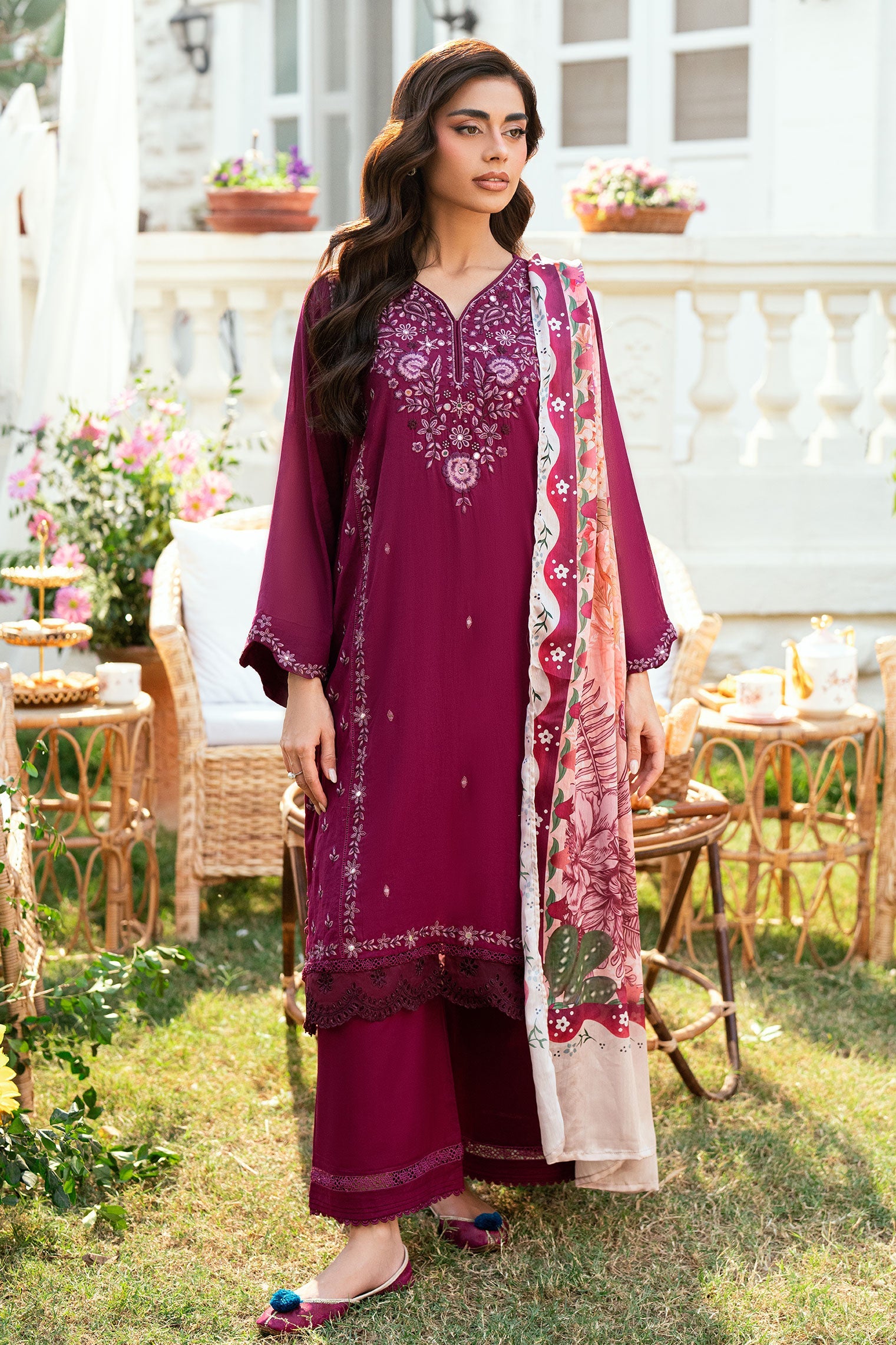 SS25DC-2582 MAGENTA SWISS VOILE 2PCS EMBROIDERED KURTA WITH TROUSER