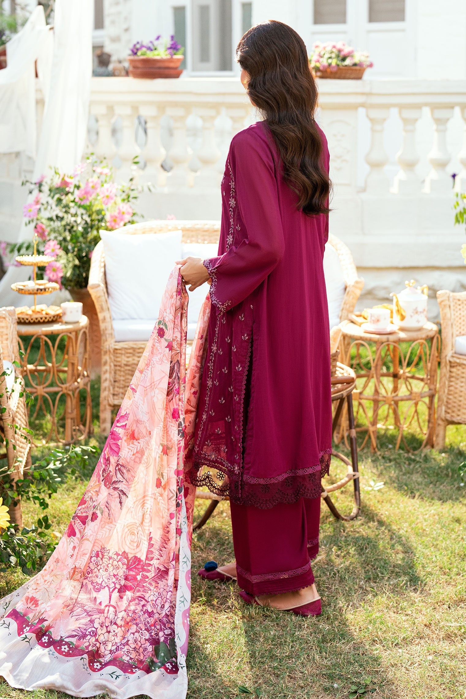 SS25DC-2582 MAGENTA SWISS VOILE 2PCS EMBROIDERED KURTA WITH TROUSER