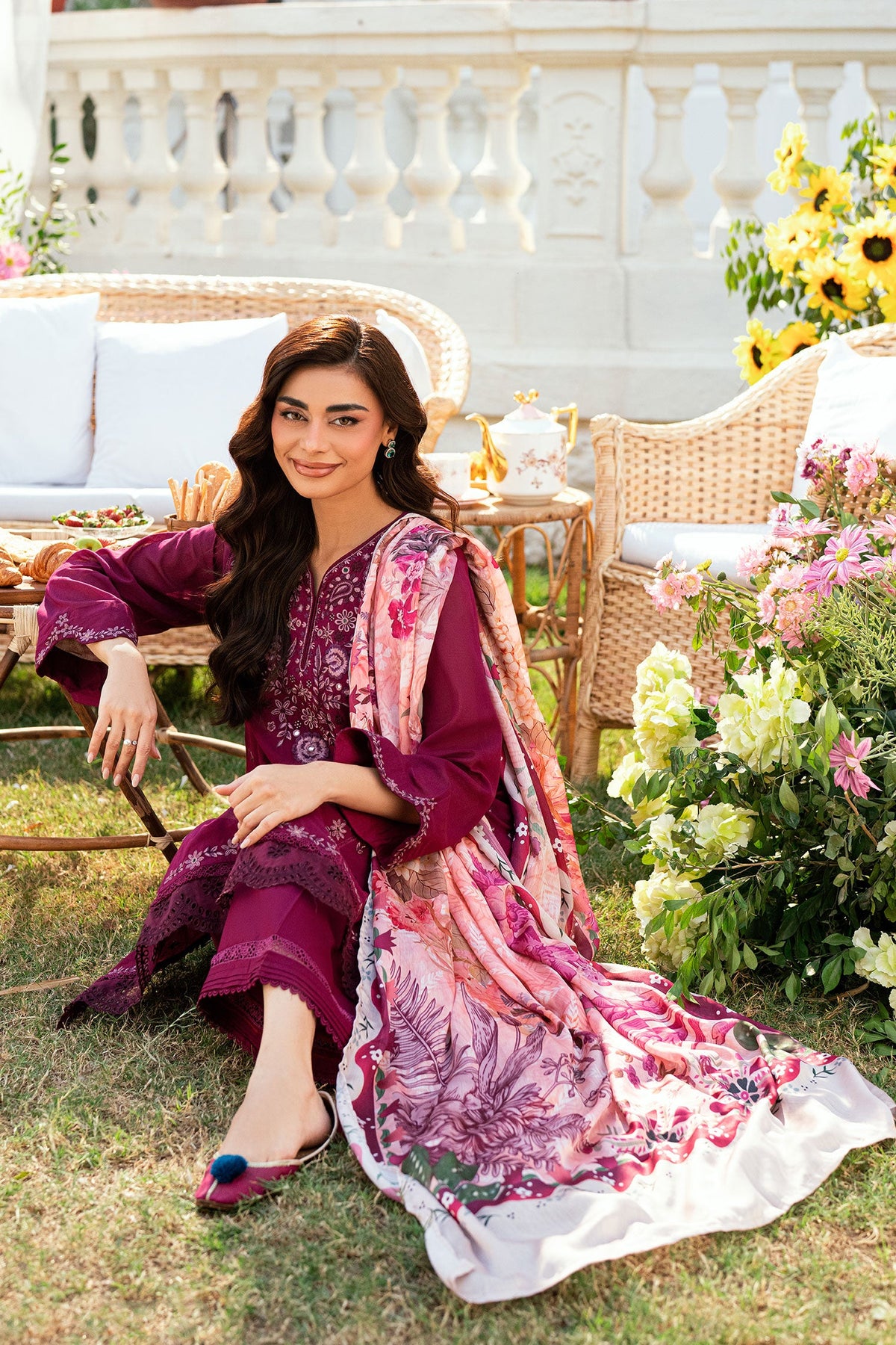 SS25DC-2582 MAGENTA SWISS VOILE 2PCS EMBROIDERED KURTA WITH TROUSER