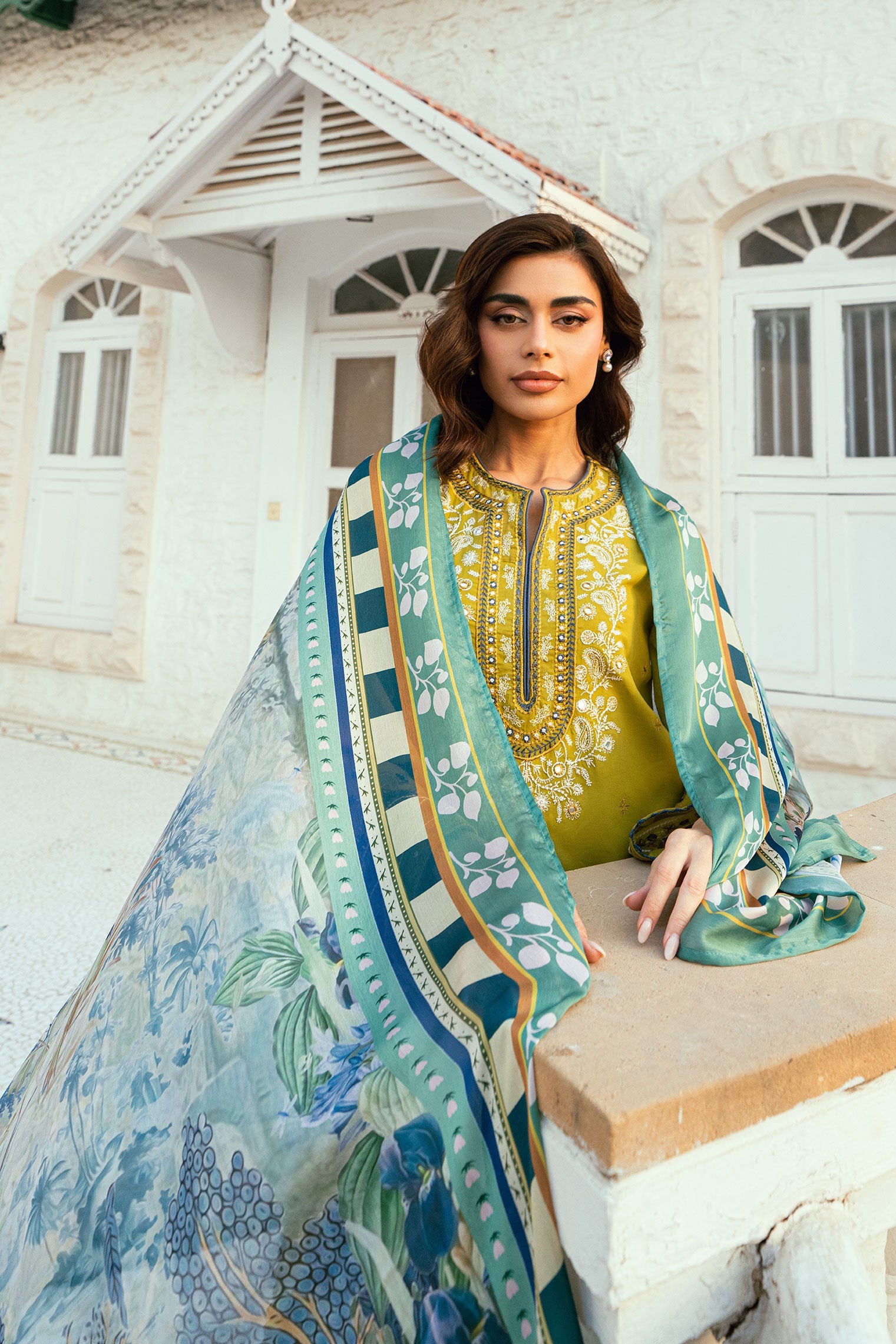 SS25DC-2583 OLIVE GREEN SWISS VOILE 2PCS EMBROIDERED KURTA WITH TROUSER