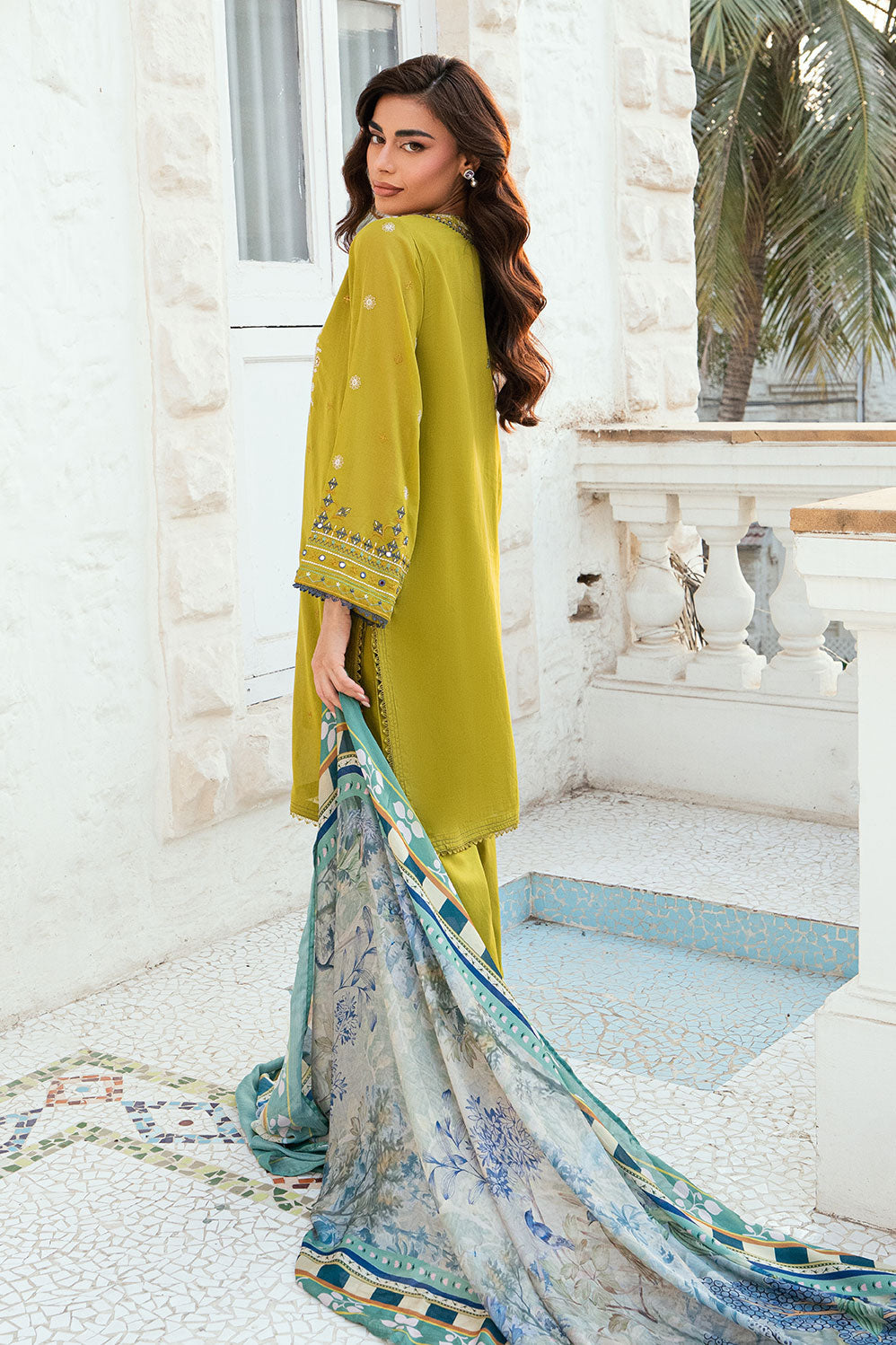 SS25DC-2583 OLIVE GREEN SWISS VOILE 2PCS EMBROIDERED KURTA WITH TROUSER