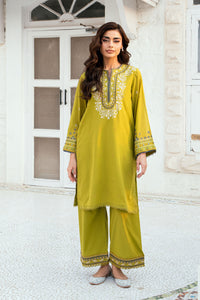 SS25DC-2583 OLIVE GREEN SWISS VOILE 2PCS EMBROIDERED KURTA WITH TROUSER