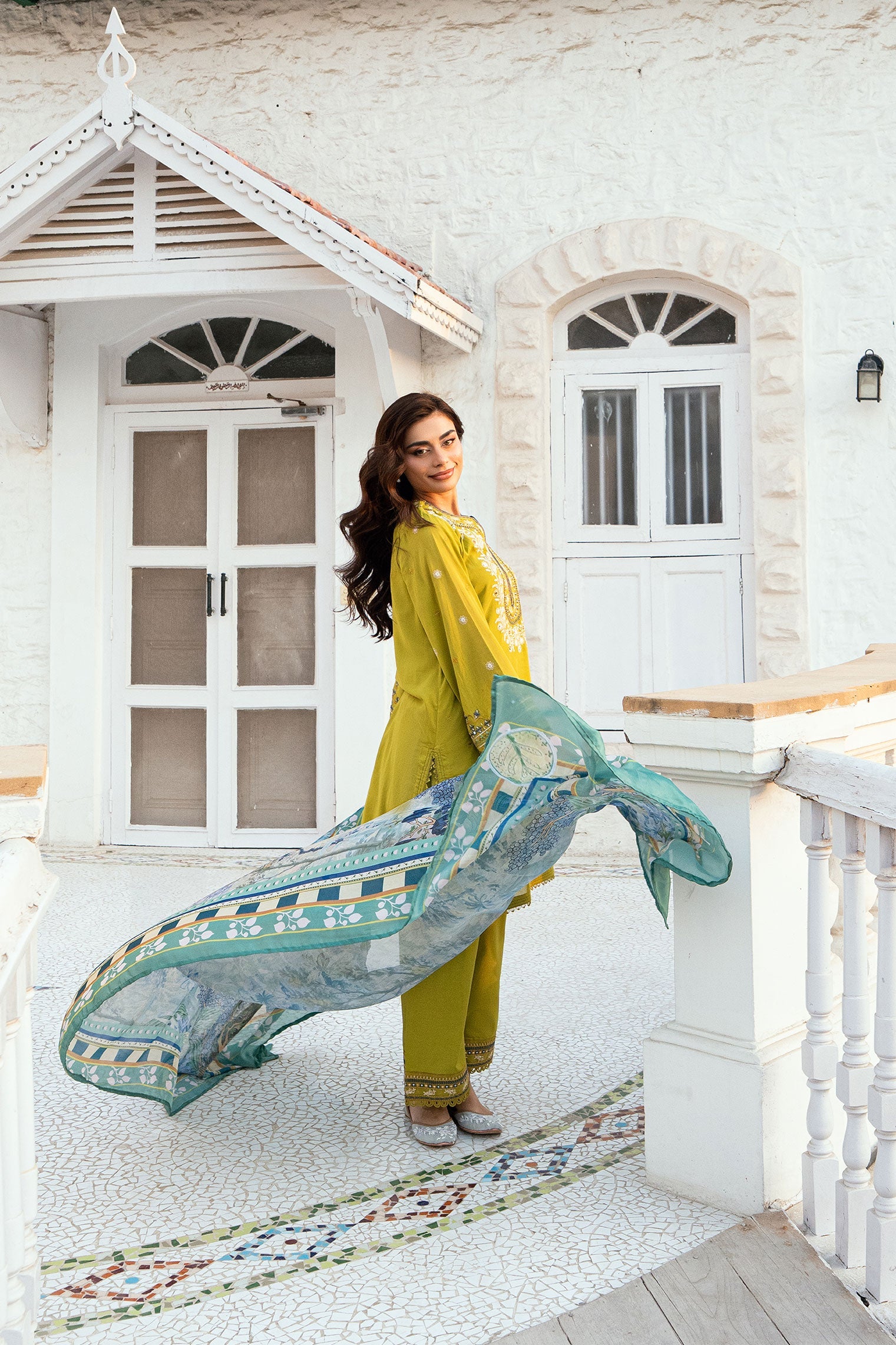 SS25DC-2583 OLIVE GREEN SWISS VOILE 2PCS EMBROIDERED KURTA WITH TROUSER