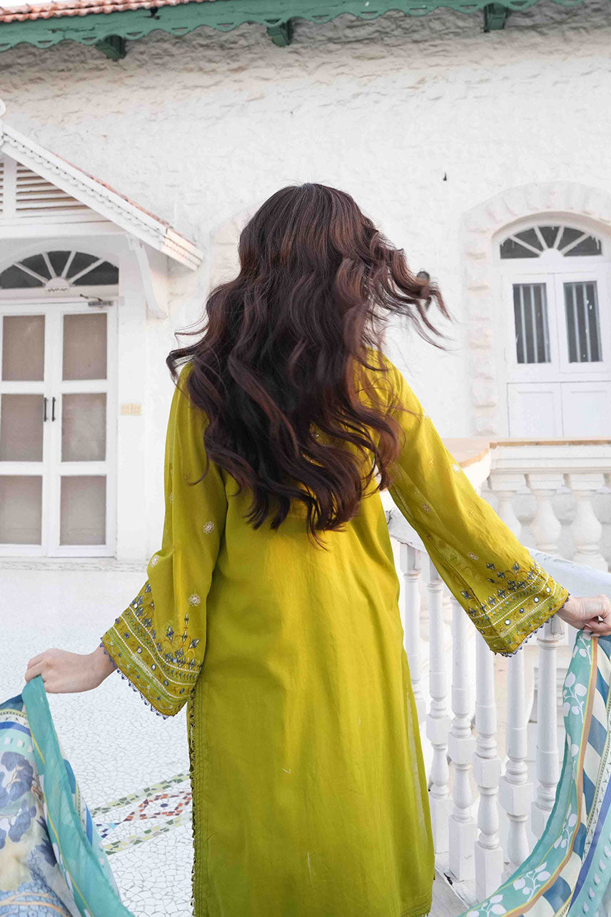 SS25DC-2583 OLIVE GREEN SWISS VOILE 2PCS EMBROIDERED KURTA WITH TROUSER