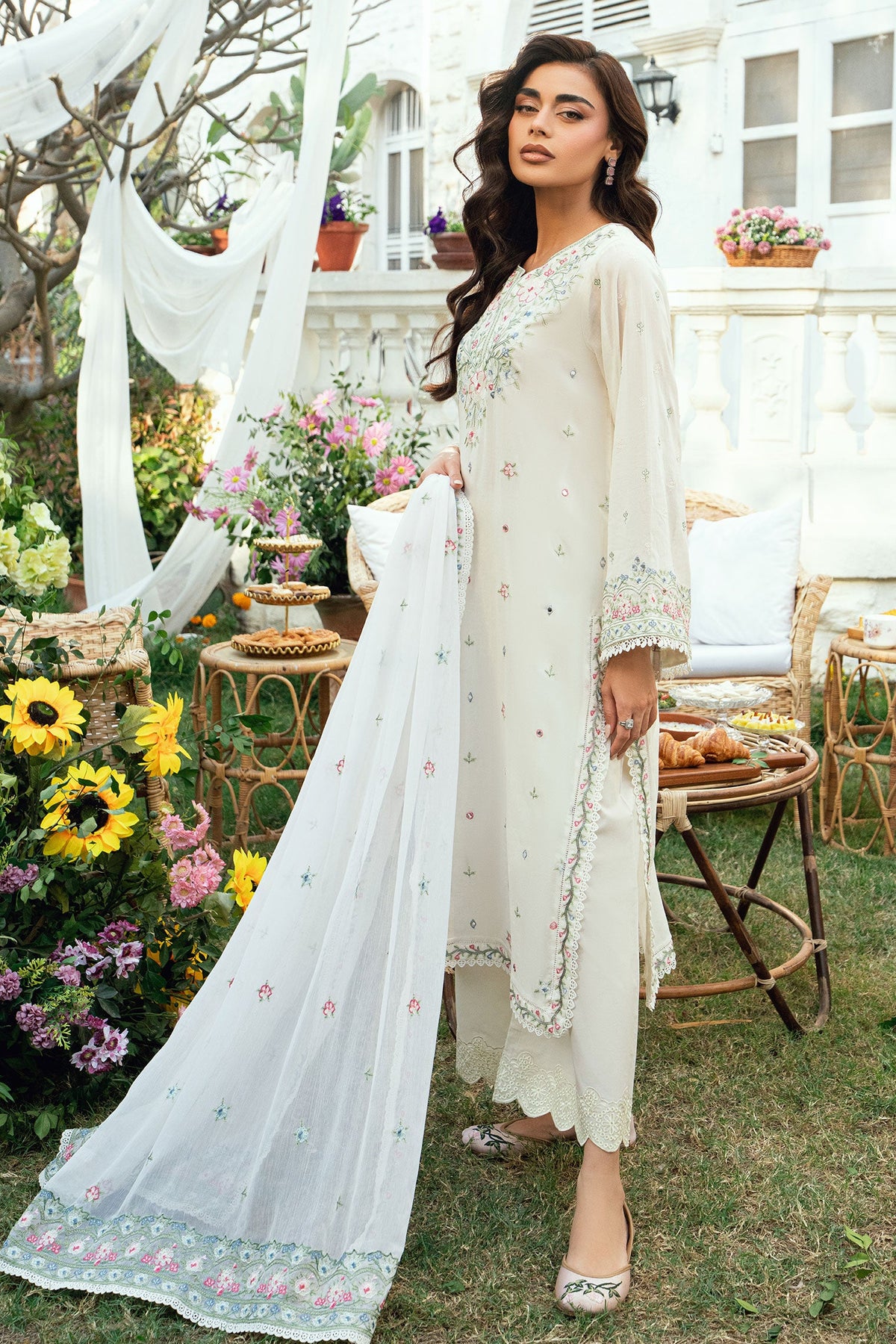 SS25DC-2584 OFF WHITE SWISS VOILE 2PCS EMBROIDERED KURTA WITH TROUSER