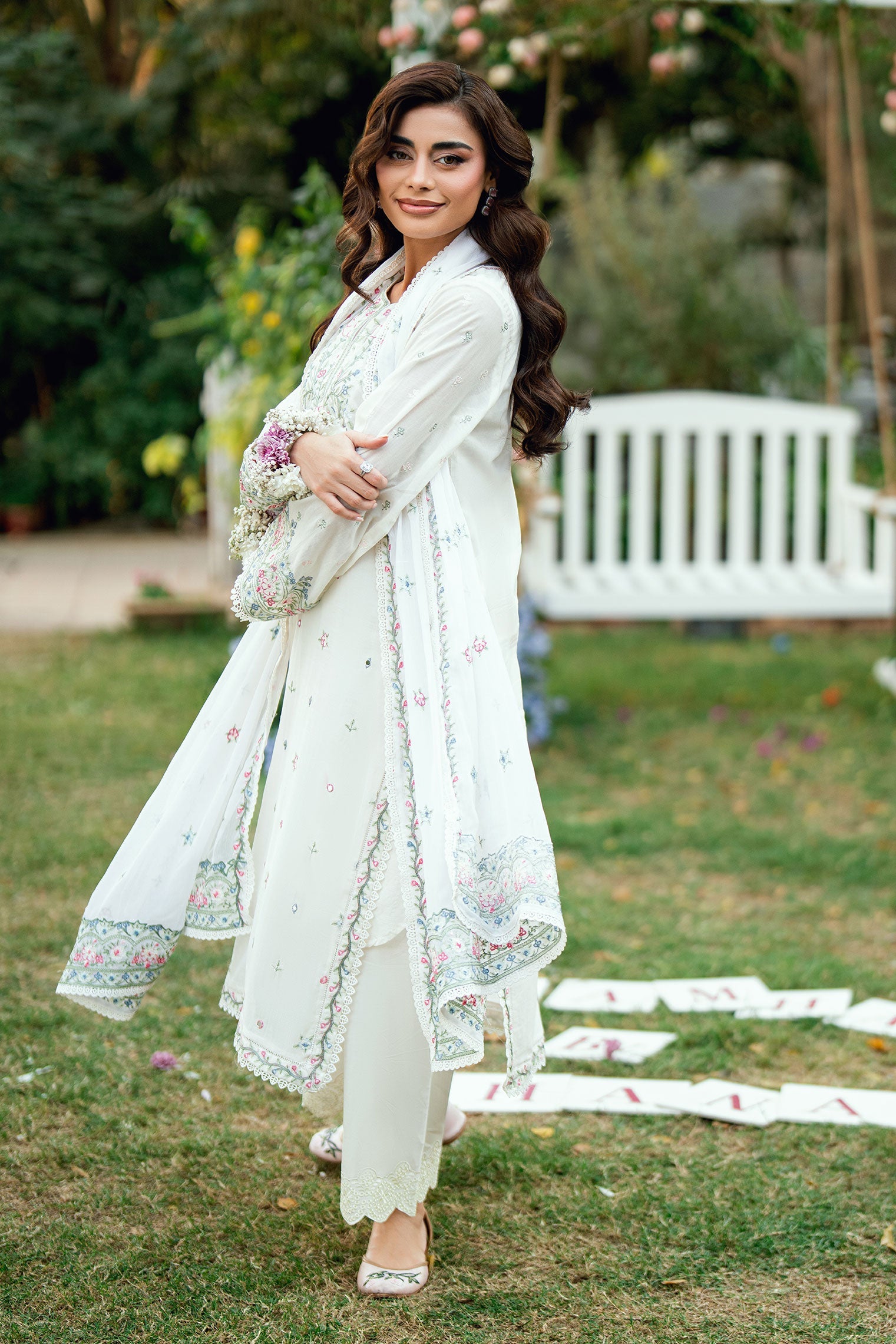 SS25DC-2584 OFF WHITE SWISS VOILE 2PCS EMBROIDERED KURTA WITH TROUSER