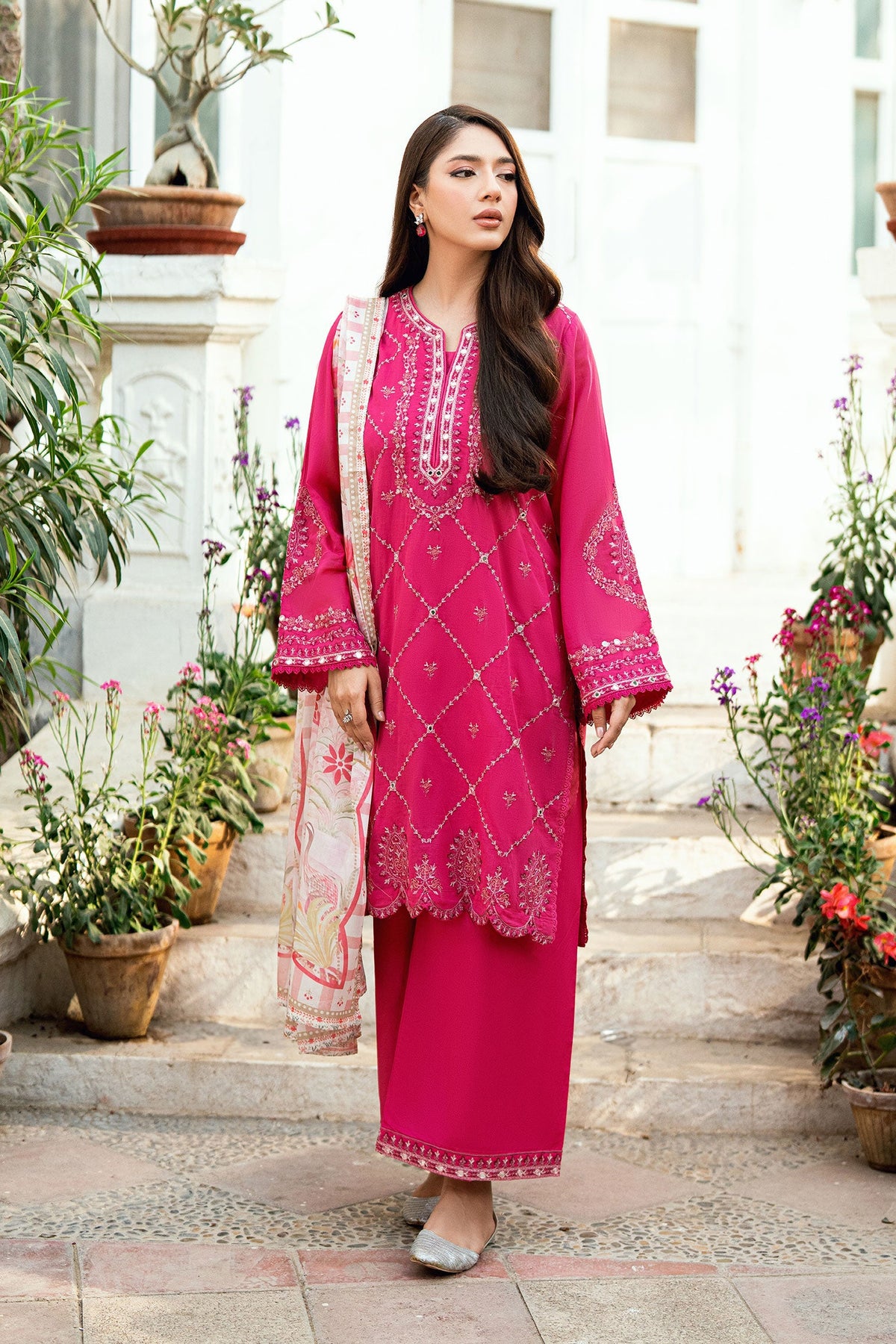 SS25DC-2585 PINK SWISS VOILE 2PCS EMBROIDERED KURTA WITH TROUSER