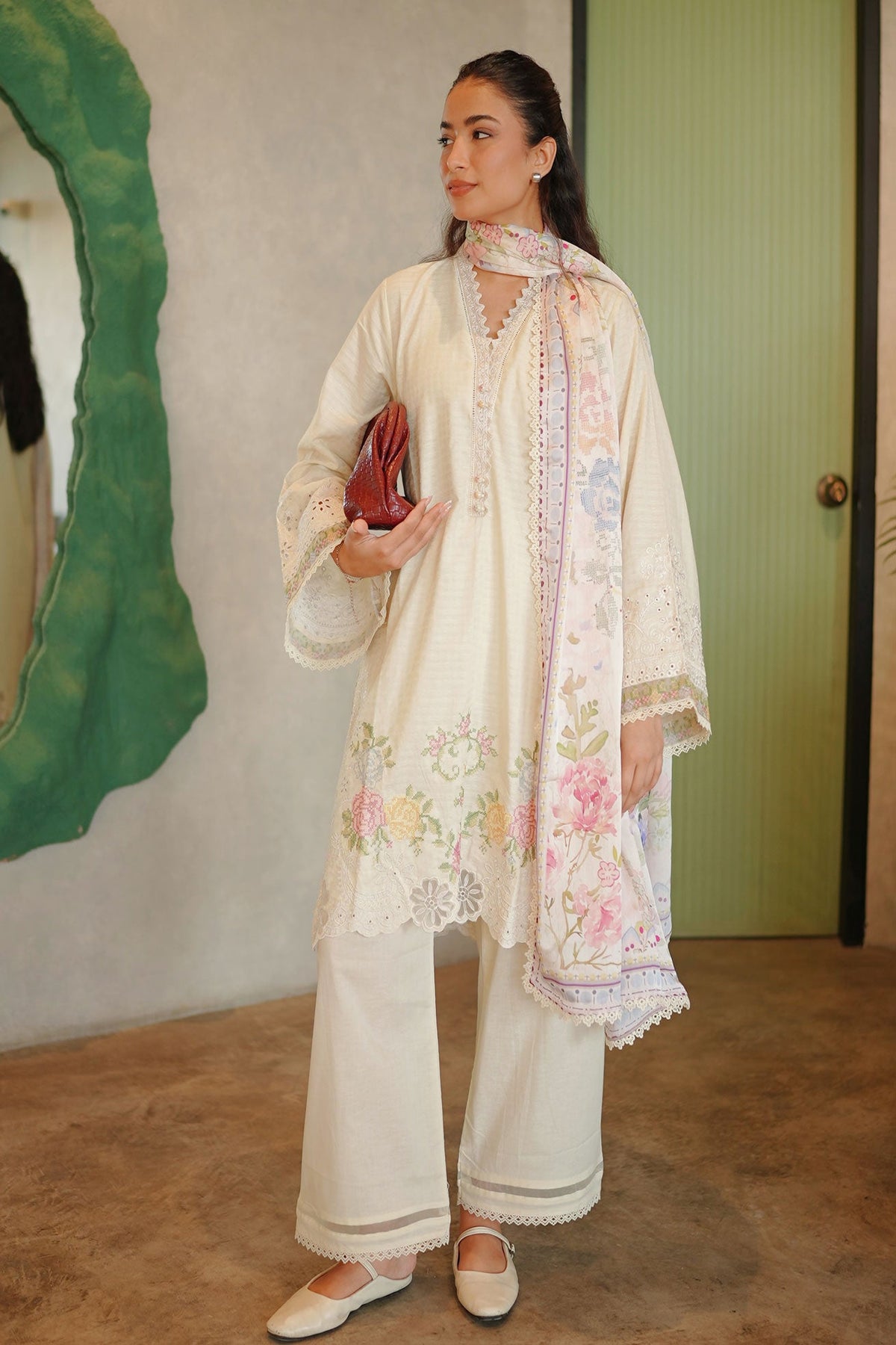 SS26DC-2587 - OFF WHITE - COTTON JACQUARD - 2PCS - EMBROIDERED KURTA WITH TROUSER