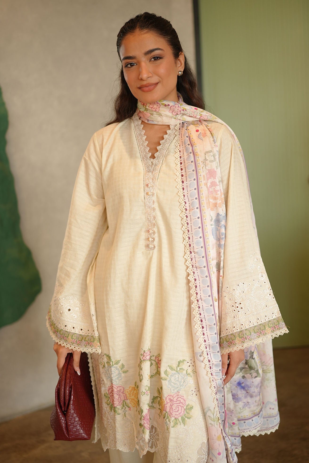SS26DC-2587 - OFF WHITE - COTTON JACQUARD - 2PCS - EMBROIDERED KURTA WITH TROUSER