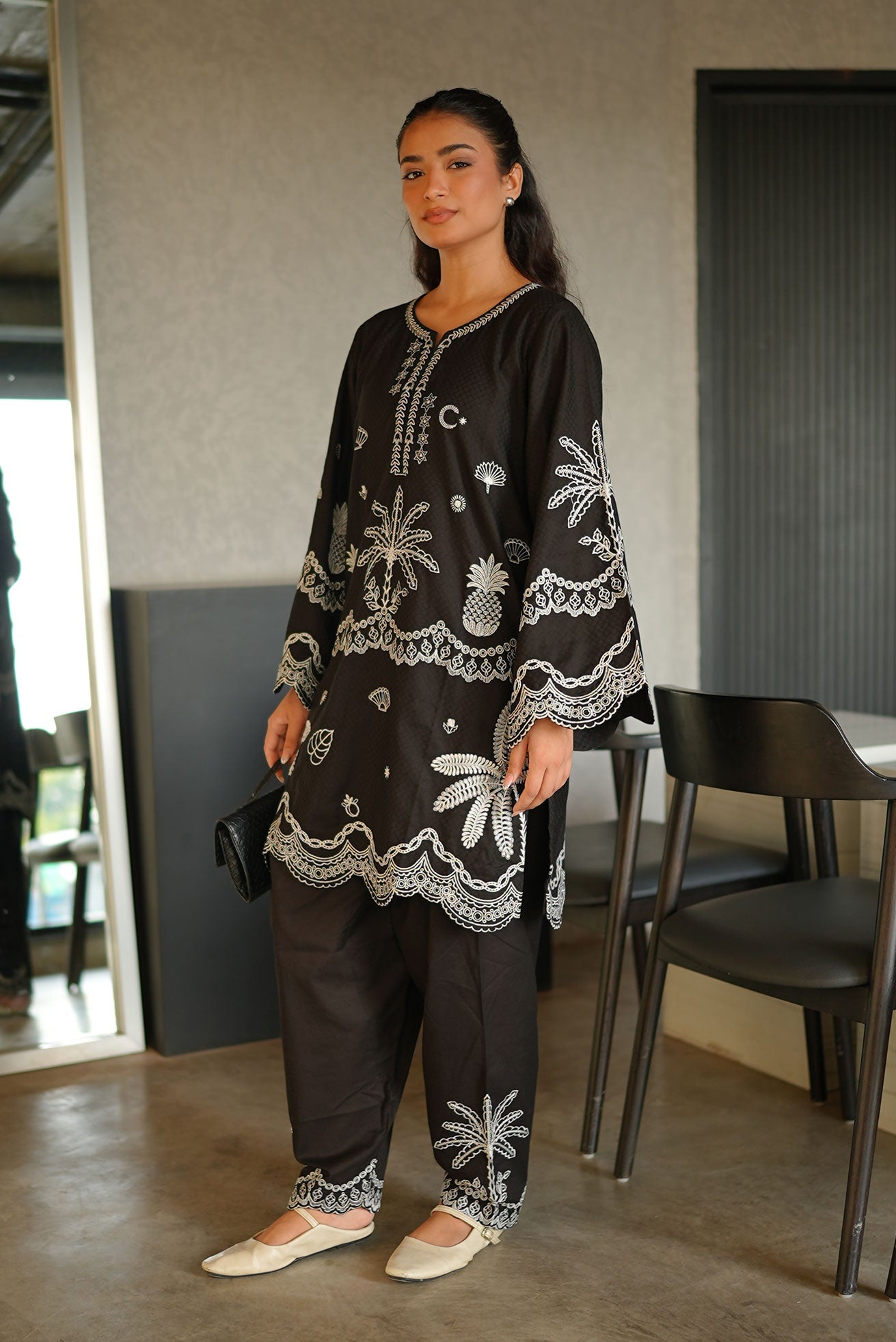 SS26DC-2590 - BLACK - COTTON JACQUARD - 2PCS - EMBROIDERED KURTA WITH TROUSER